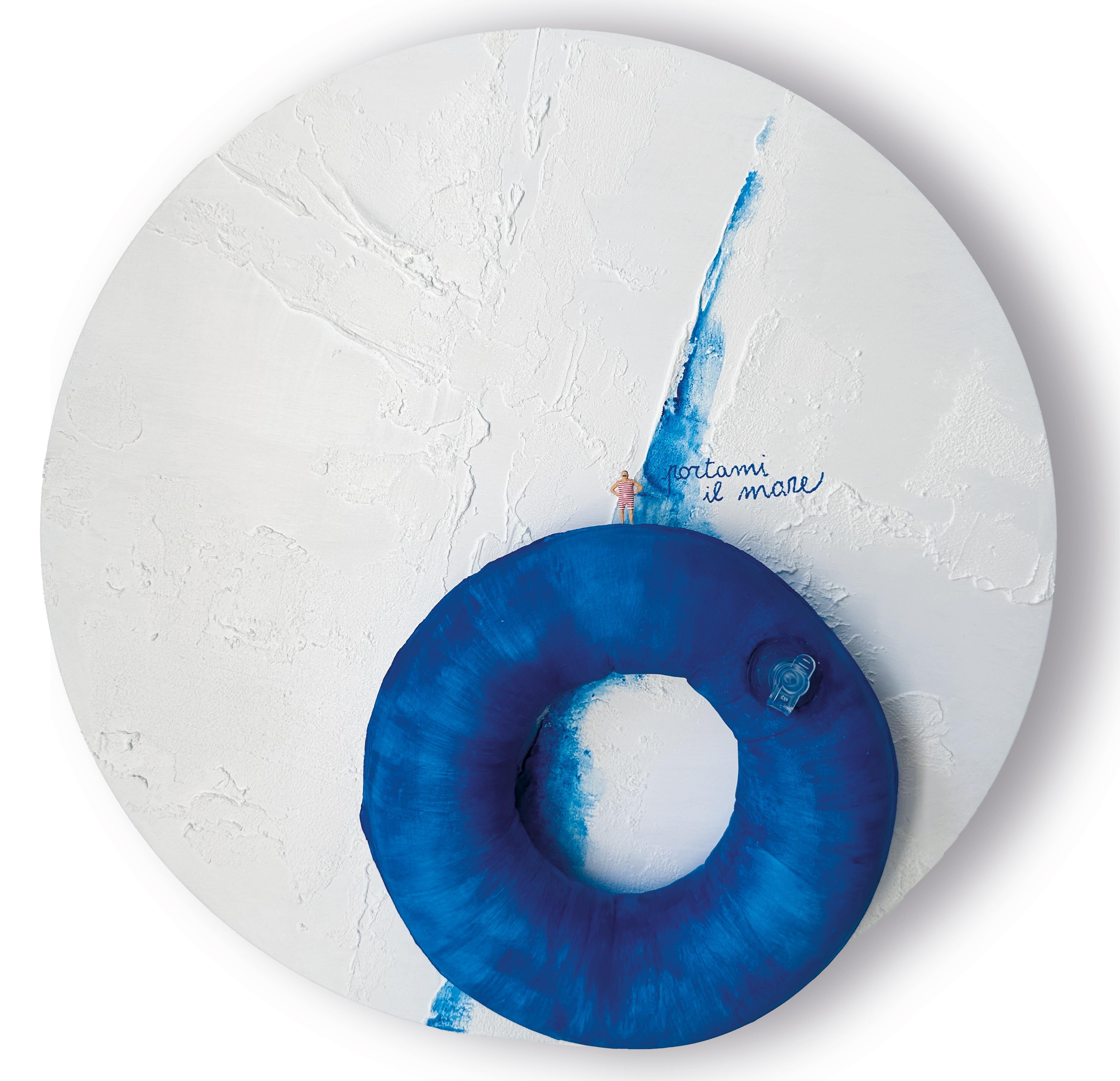 Blue Lifebuoy Mixed Media Wall Sculpture with Miniature Figure