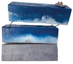 Blue Nautical Mixed Media Wall Sculpture Sea Miniature Boat Coastal Ocean Relief