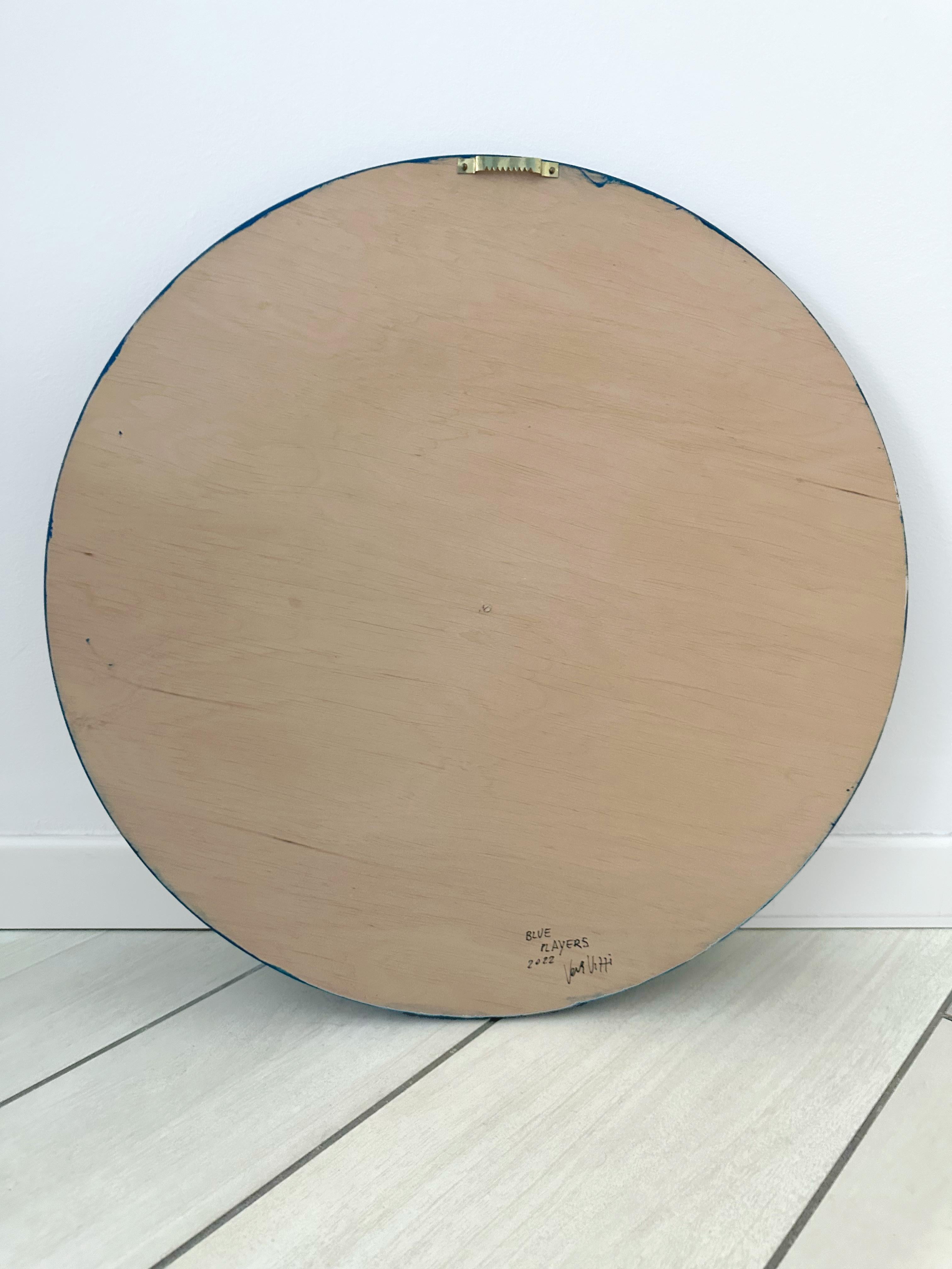 Blue Tones Mixed-media circular wall sculpture in foam clay and acrylic on wood For Sale 1