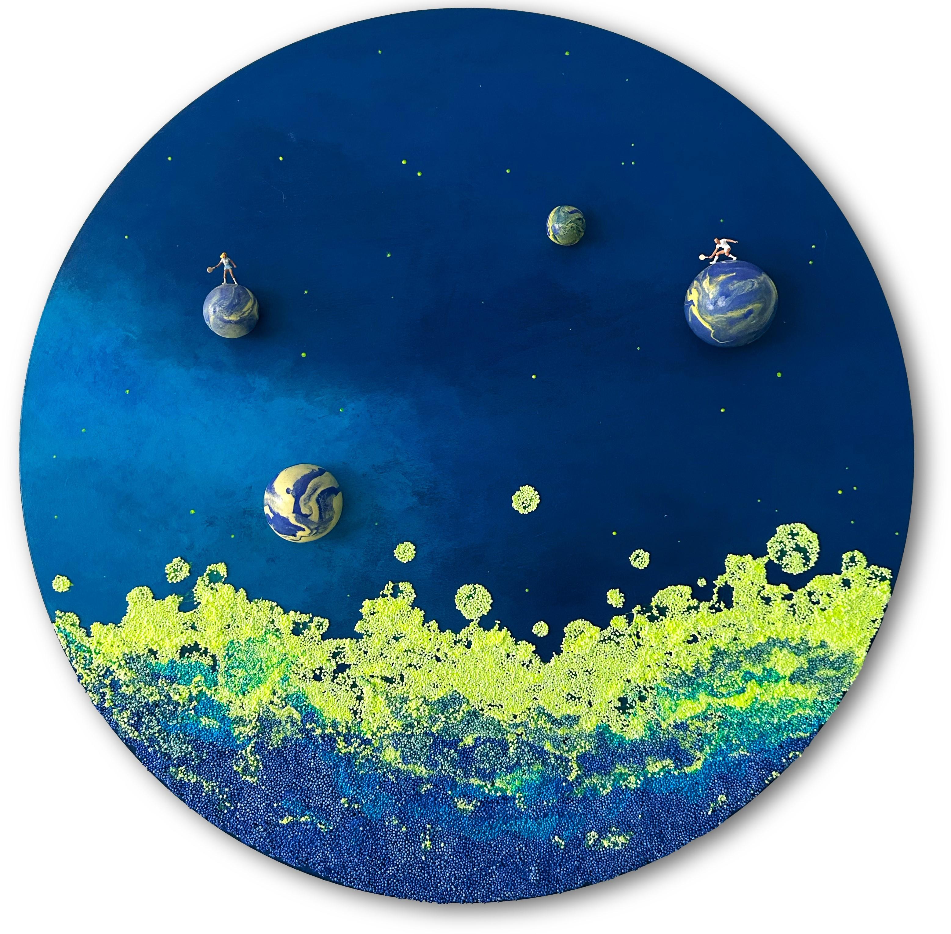 Vera Vizzi Abstract Sculpture - Blue Tones Mixed-media circular wall sculpture in foam clay and acrylic on wood