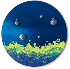Blue Tones Mixed-media circular wall sculpture in foam clay and acrylic on wood