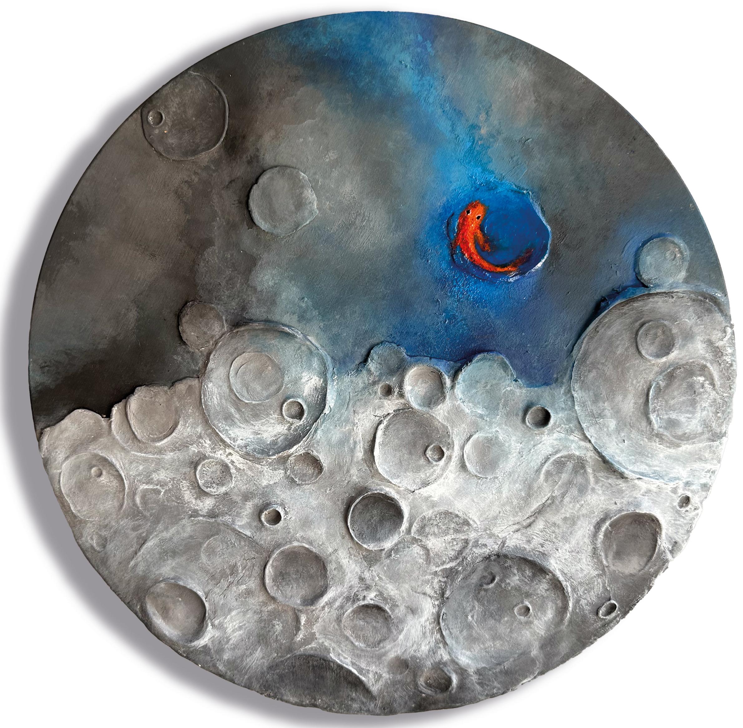 Vera Vizzi Landscape Painting - Cratered Moon with White Cellular Forms, Surrealist Clay Wall Relief on Wood