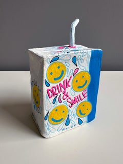 Drops of Joy Pop Surrealist Clay Juice Carton Sculpture in Acrylic Paint about
