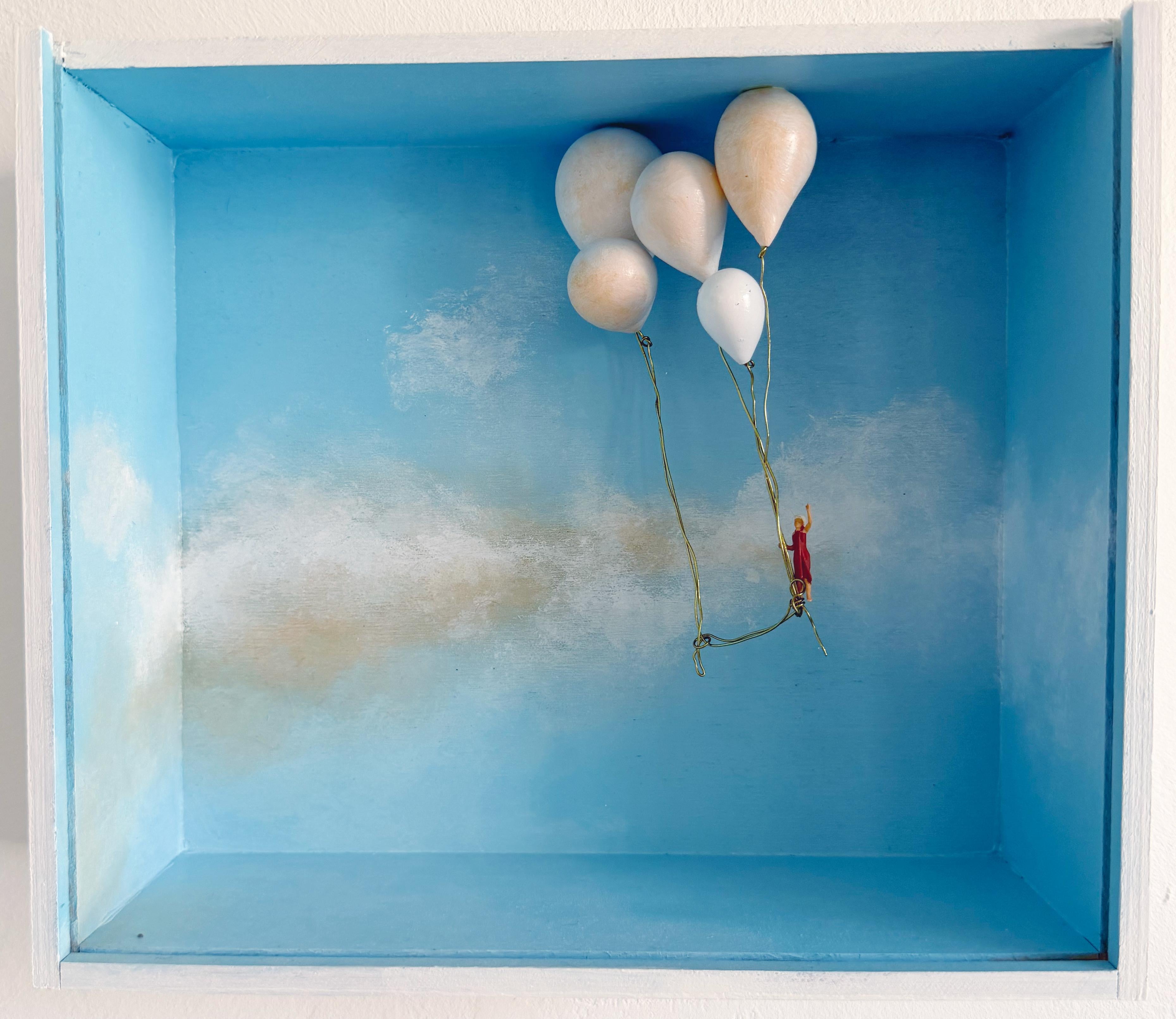 Vera Vizzi Abstract Sculpture - Floating Figure with White Balloons, Surrealist Miniature Diorama Wall Sculpture