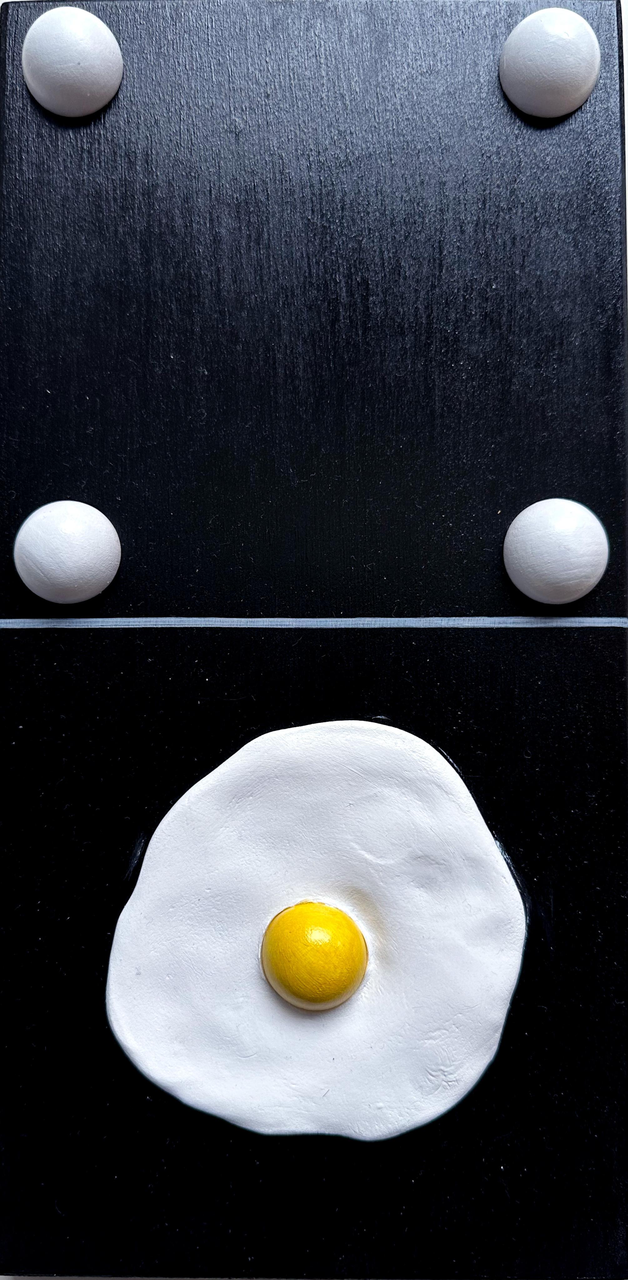 Minimalist Fried Egg Wall Relief Sculpture From the Domino Series on Black Wood - Mixed Media Art by Vera Vizzi
