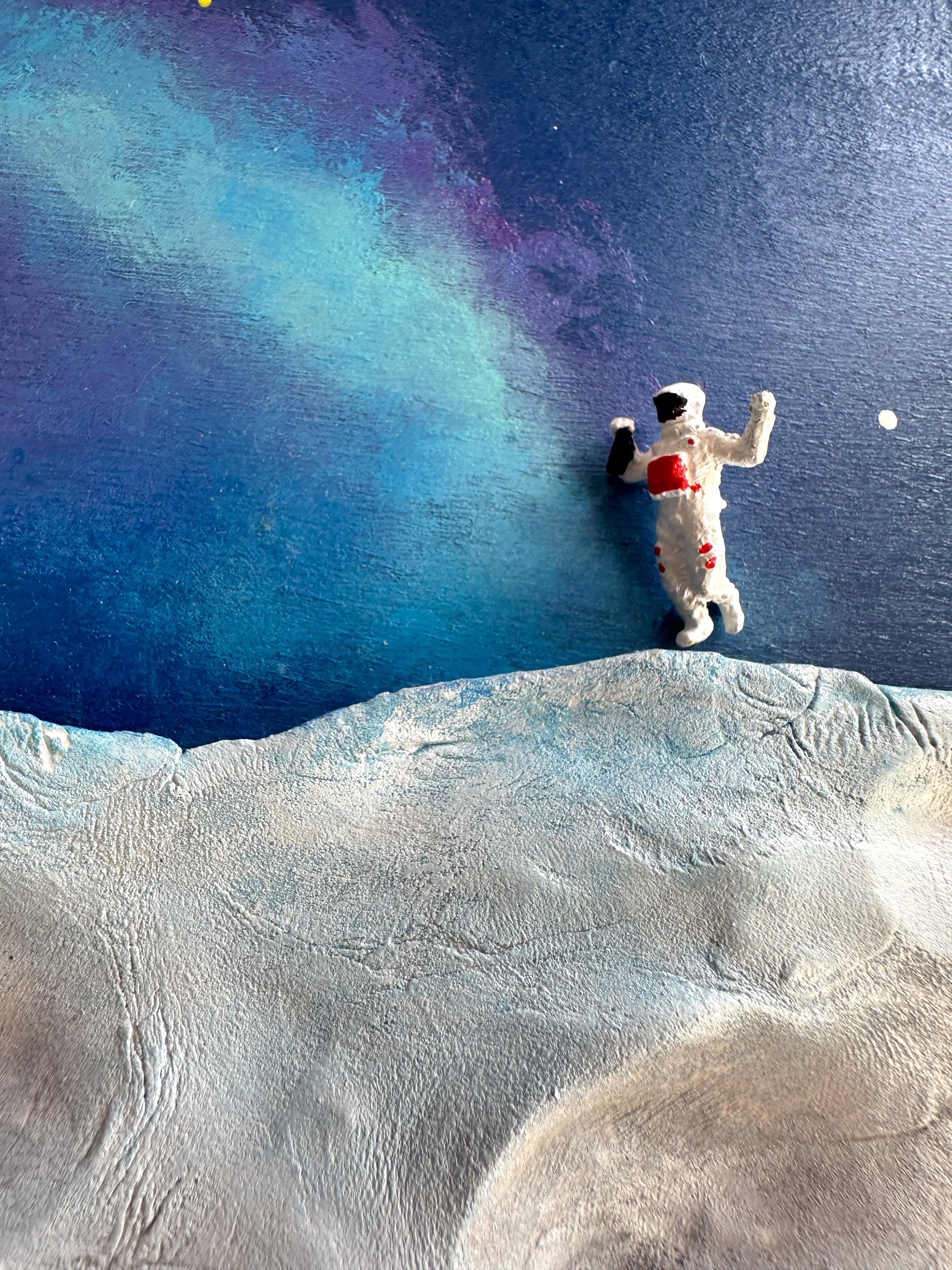 GALAXY ART – Celestial Wall Sculpture with Astronaut Figure on Lunar Relief - Brown Abstract Sculpture by Vera Vizzi
