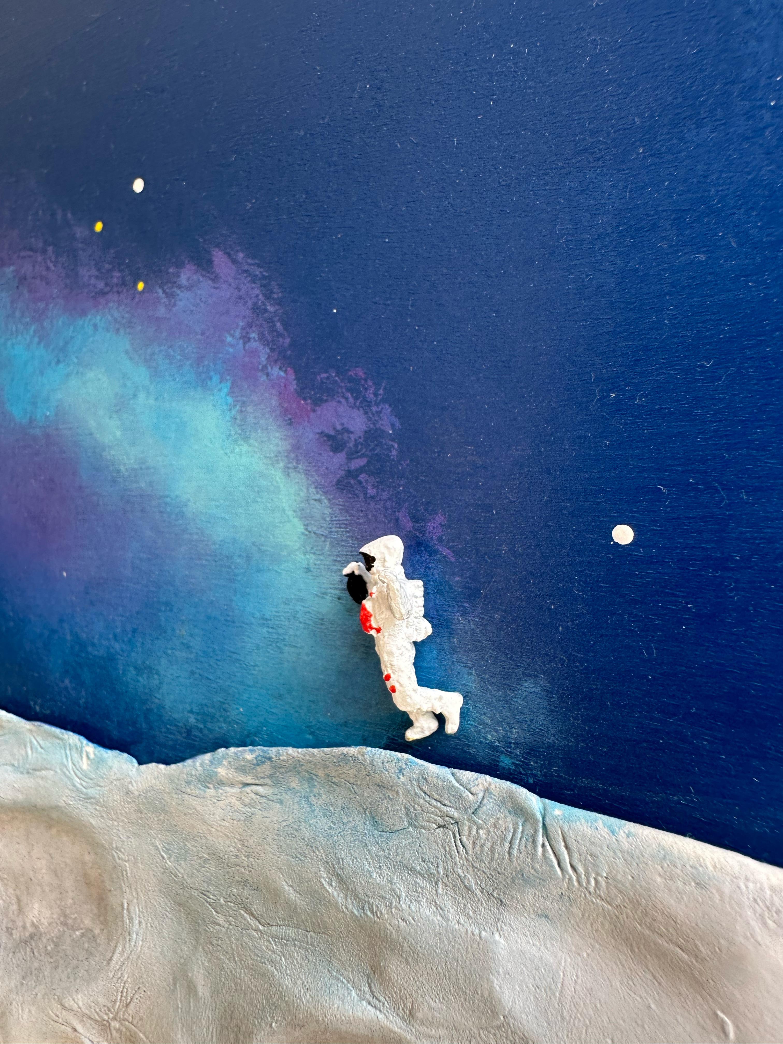 GALAXY ART – Celestial Wall Sculpture with Astronaut Figure on Lunar Relief For Sale 3