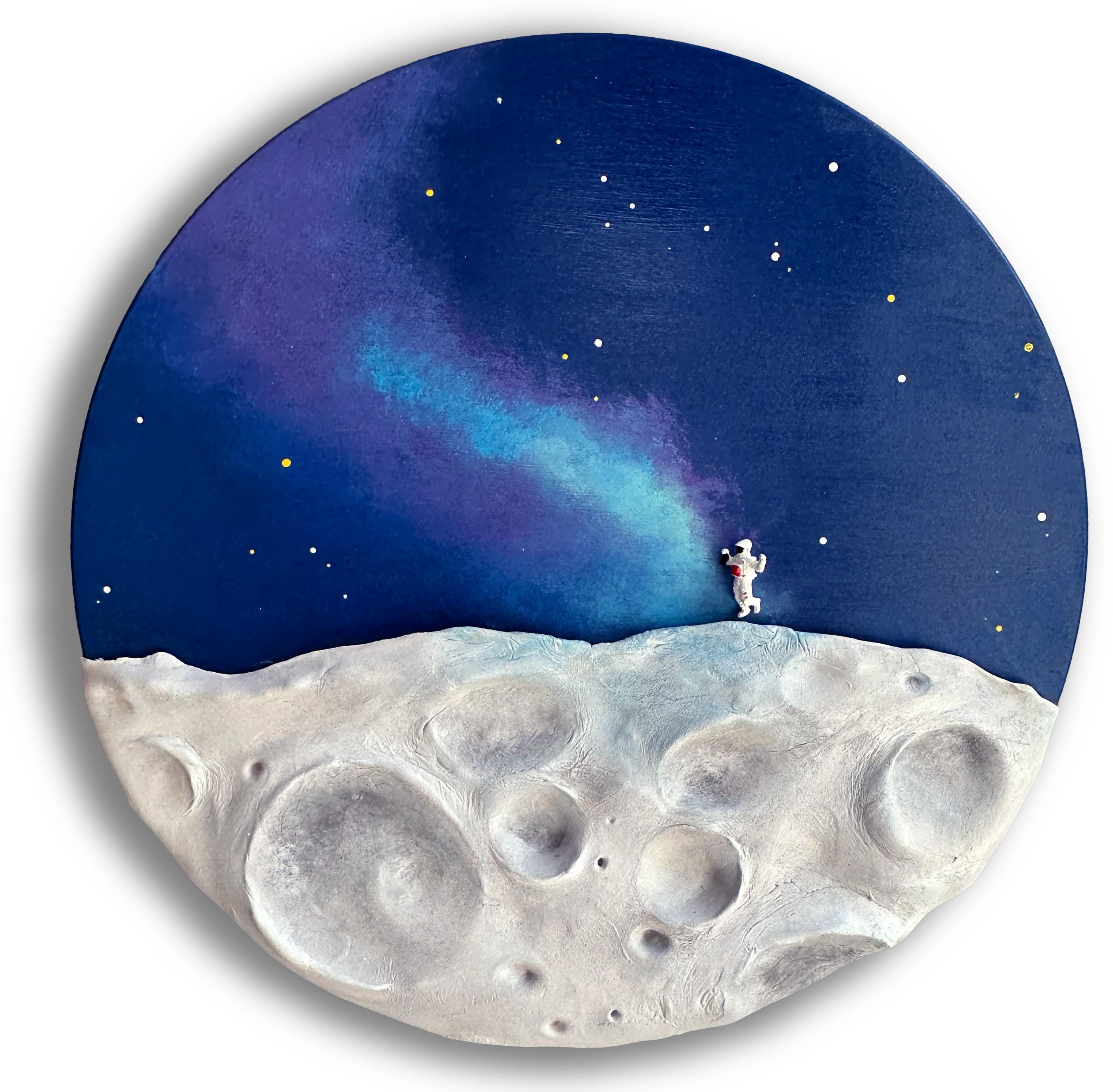 GALAXY ART – Celestial Wall Sculpture with Astronaut Figure on Lunar Relief