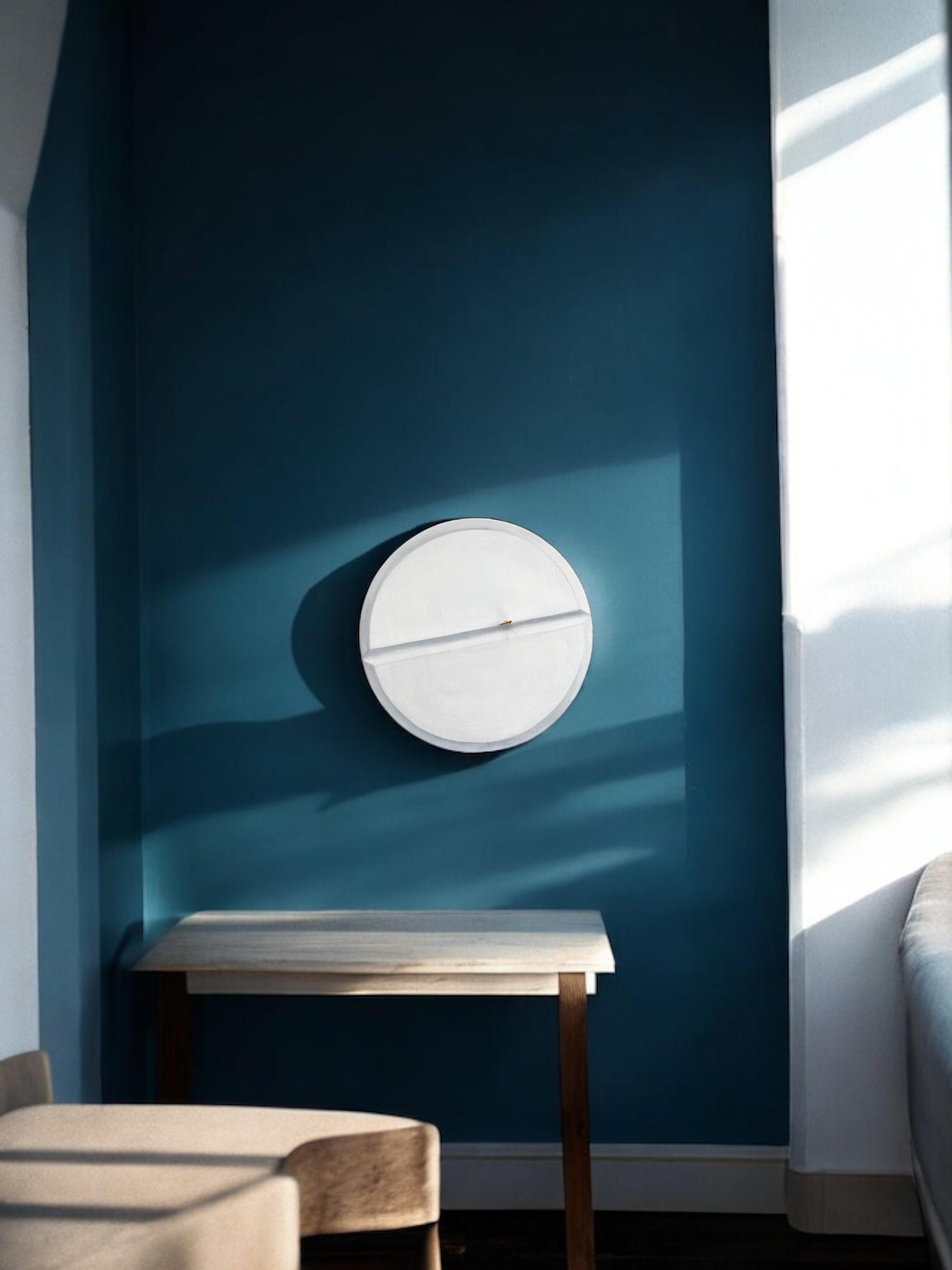 Poetic Minimalist Wall Sculpture in Circular White Relief with Miniature Figure For Sale 2