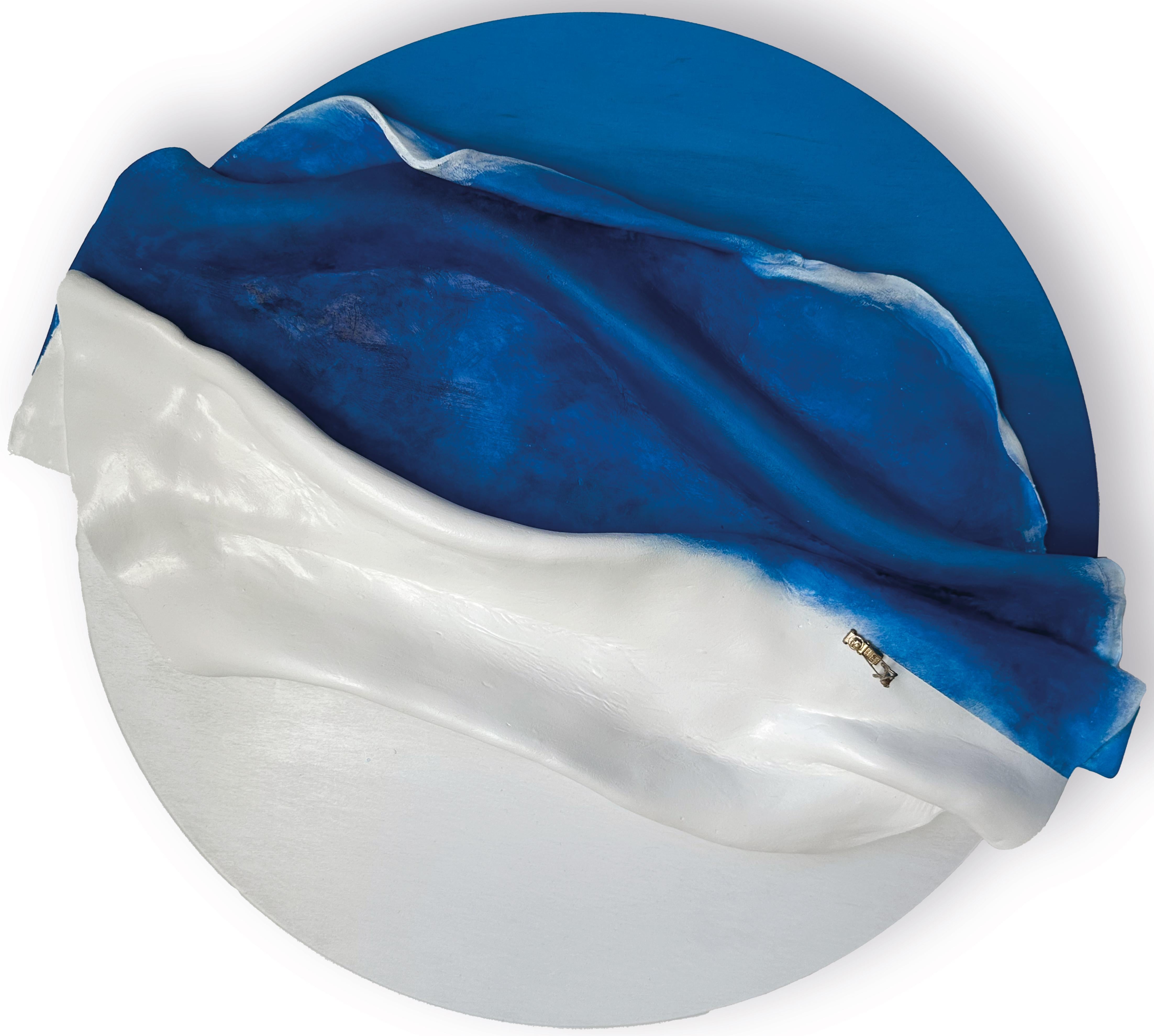 Layered Blue and White Ocean Waves with Miniature Figure, Sculptural Wall Relief