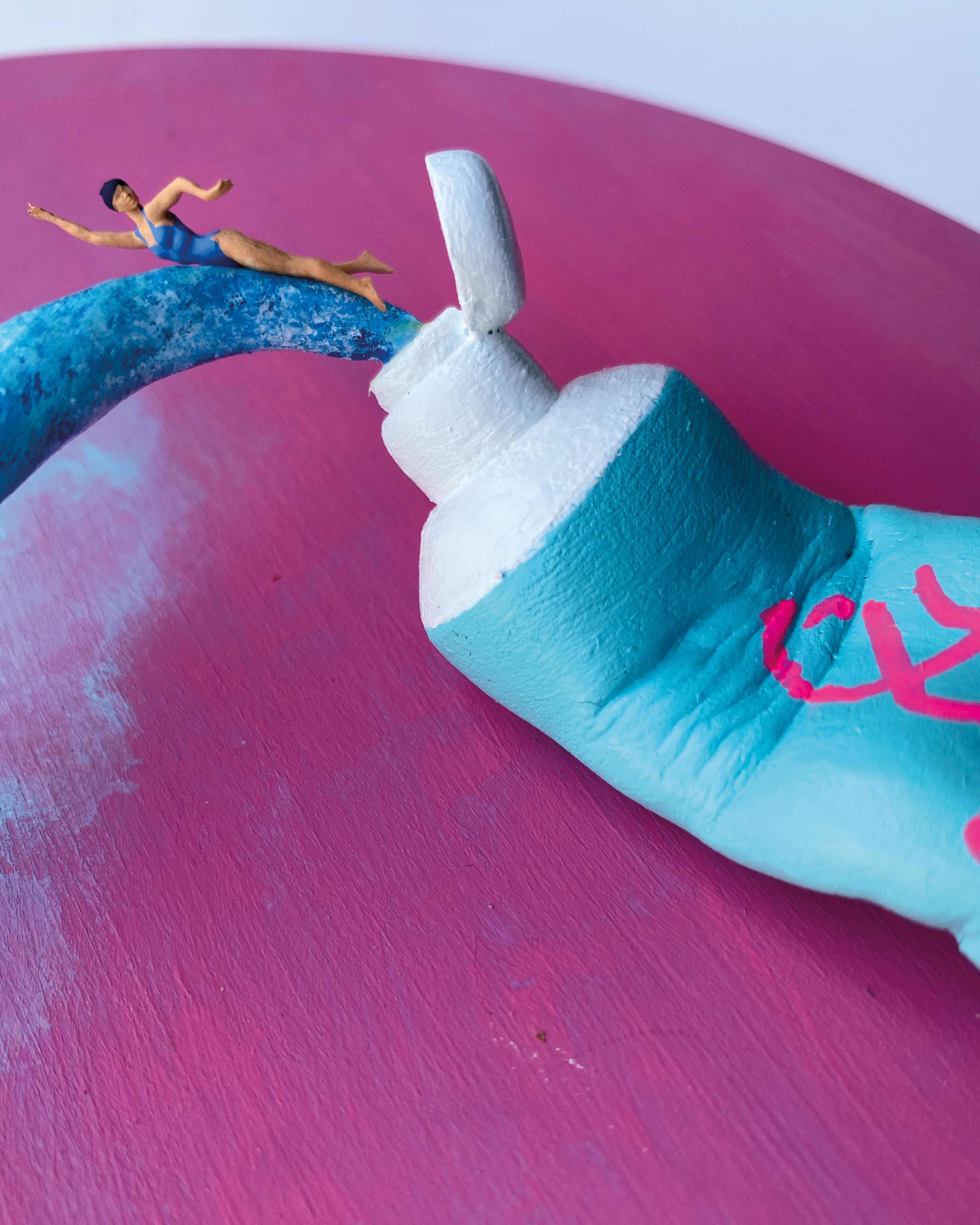 Life, Pop Contemporary Wall Sculpture with Sky-Colored Stream and Painted Tube For Sale 1