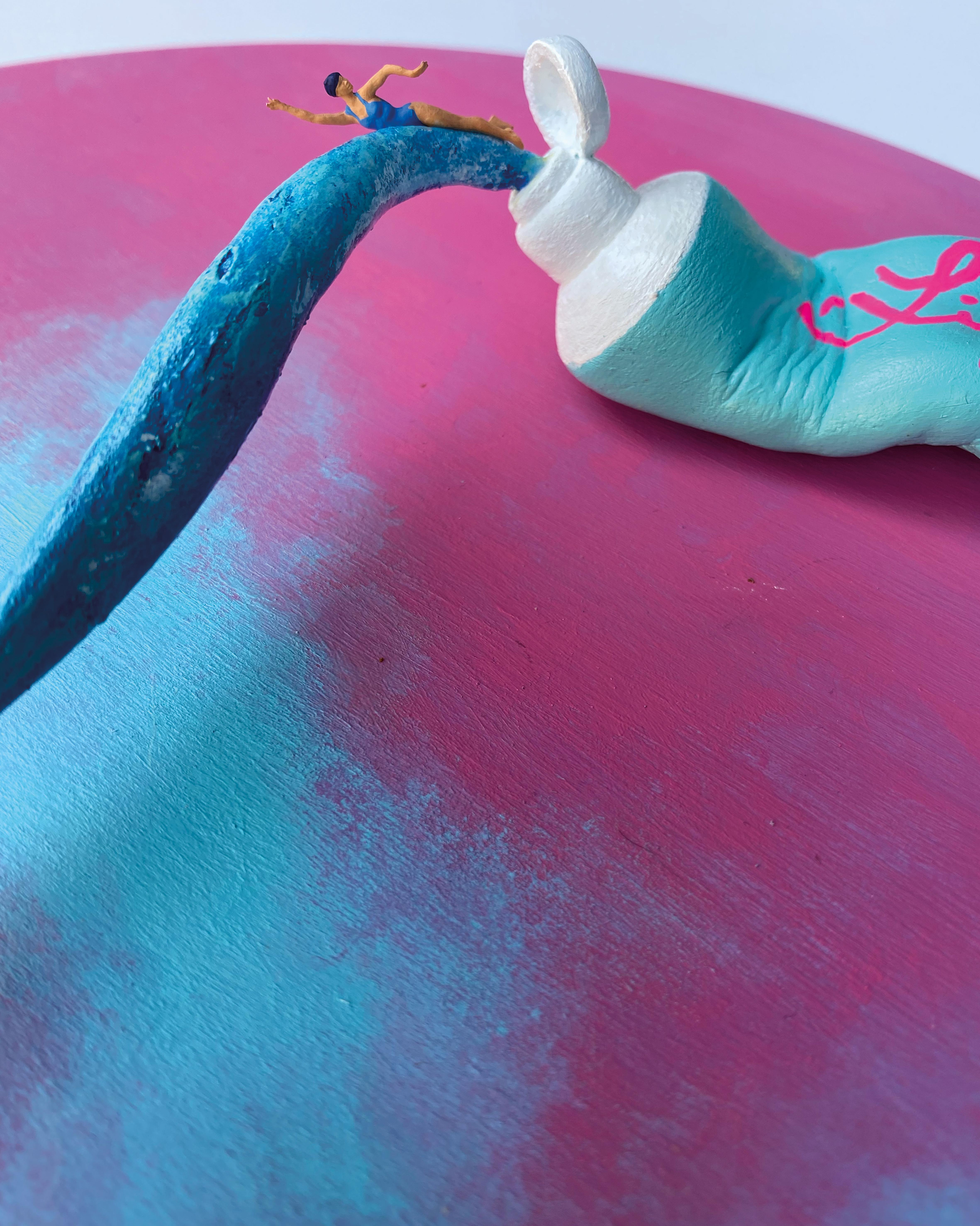 Life, Pop Contemporary Wall Sculpture with Sky-Colored Stream and Painted Tube For Sale 2