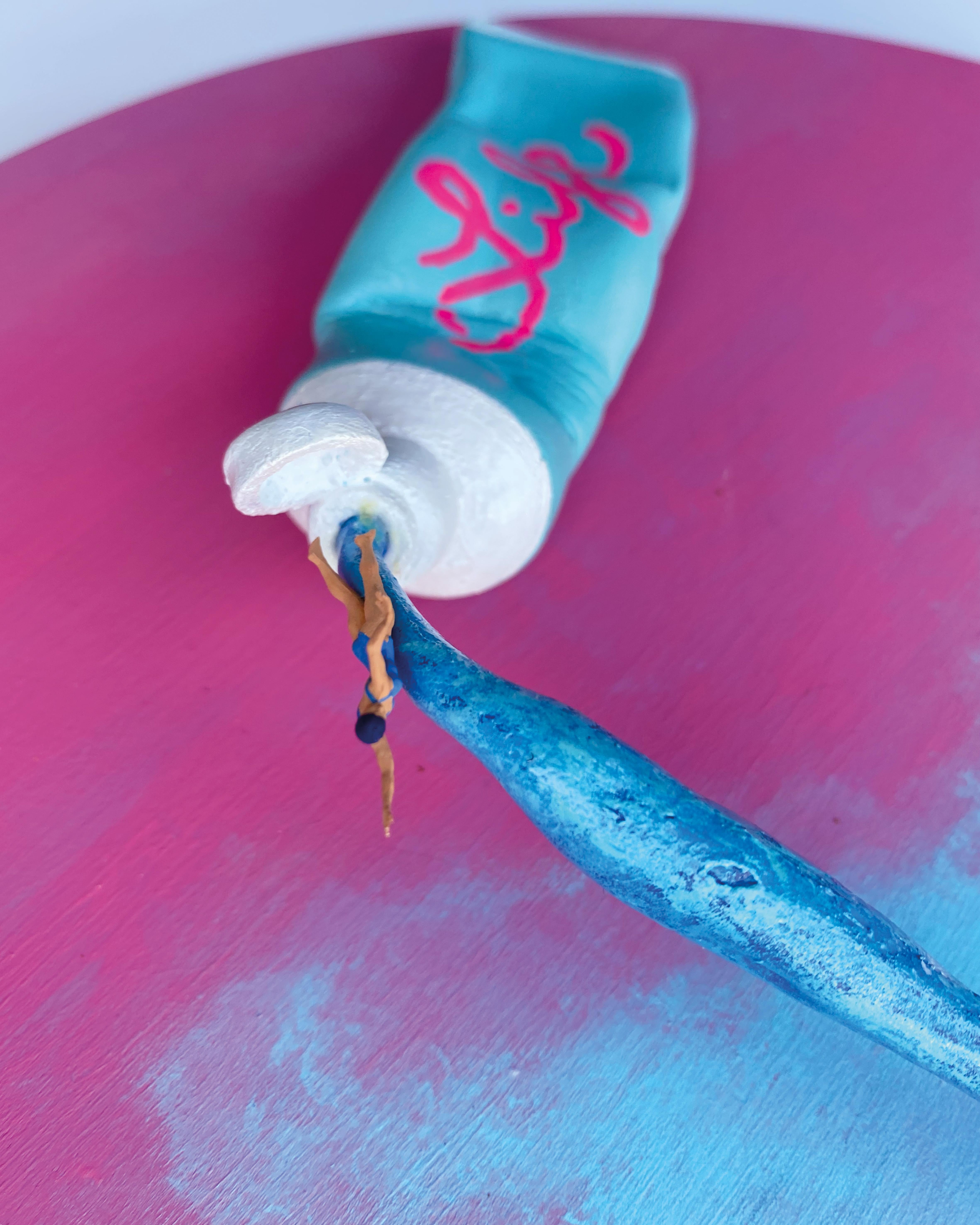 Life, Pop Contemporary Wall Sculpture with Sky-Colored Stream and Painted Tube For Sale 3