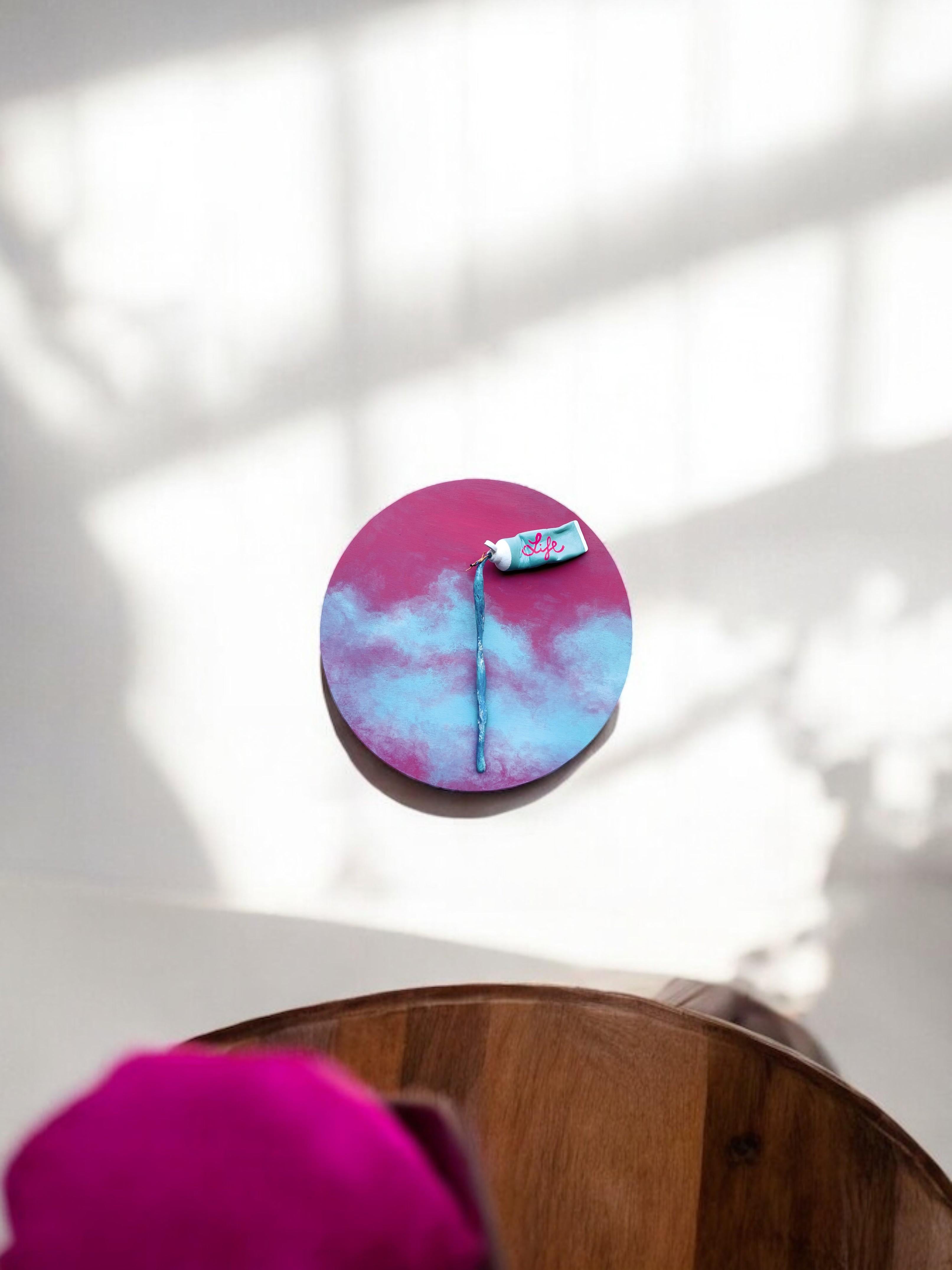 Life, Pop Contemporary Wall Sculpture with Sky-Colored Stream and Painted Tube For Sale 5