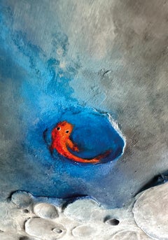 Licht - Zeitgenössisches surrealistisches Mondrelief mit Acryl und Clay auf Holz