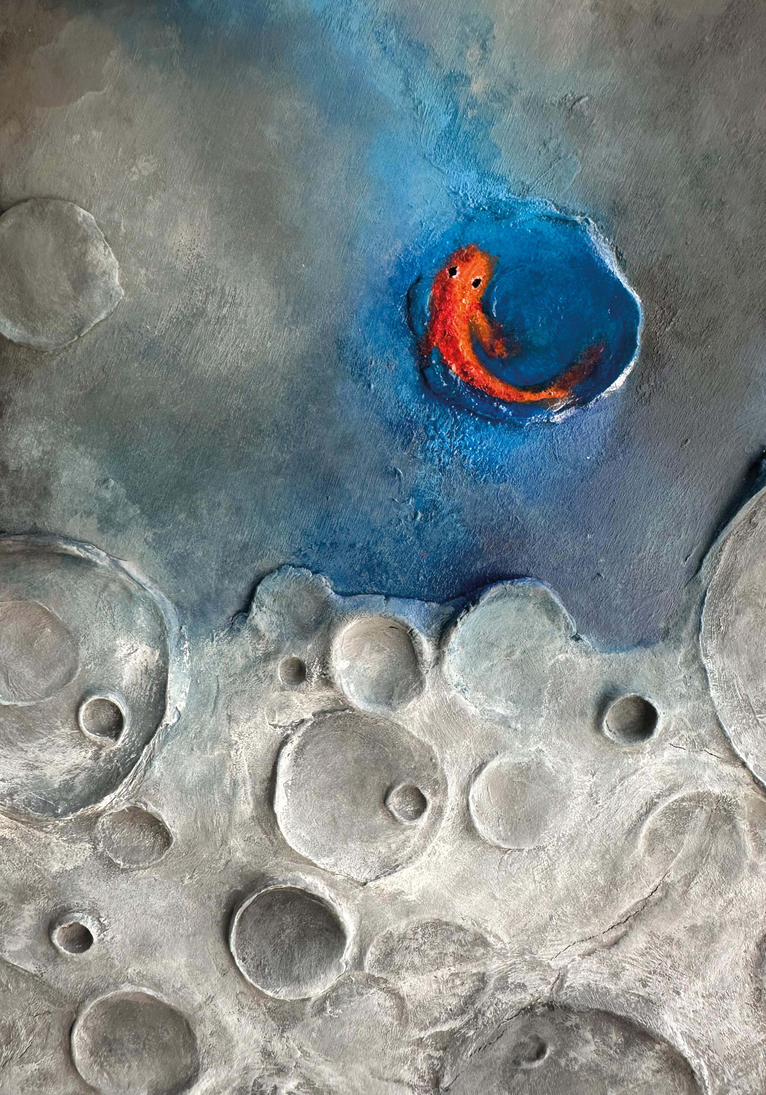 Light - Rilievo lunare surrealista contemporaneo con acrilico e argilla su Wood - Landscape Painting Marrone di Vera Vizzi