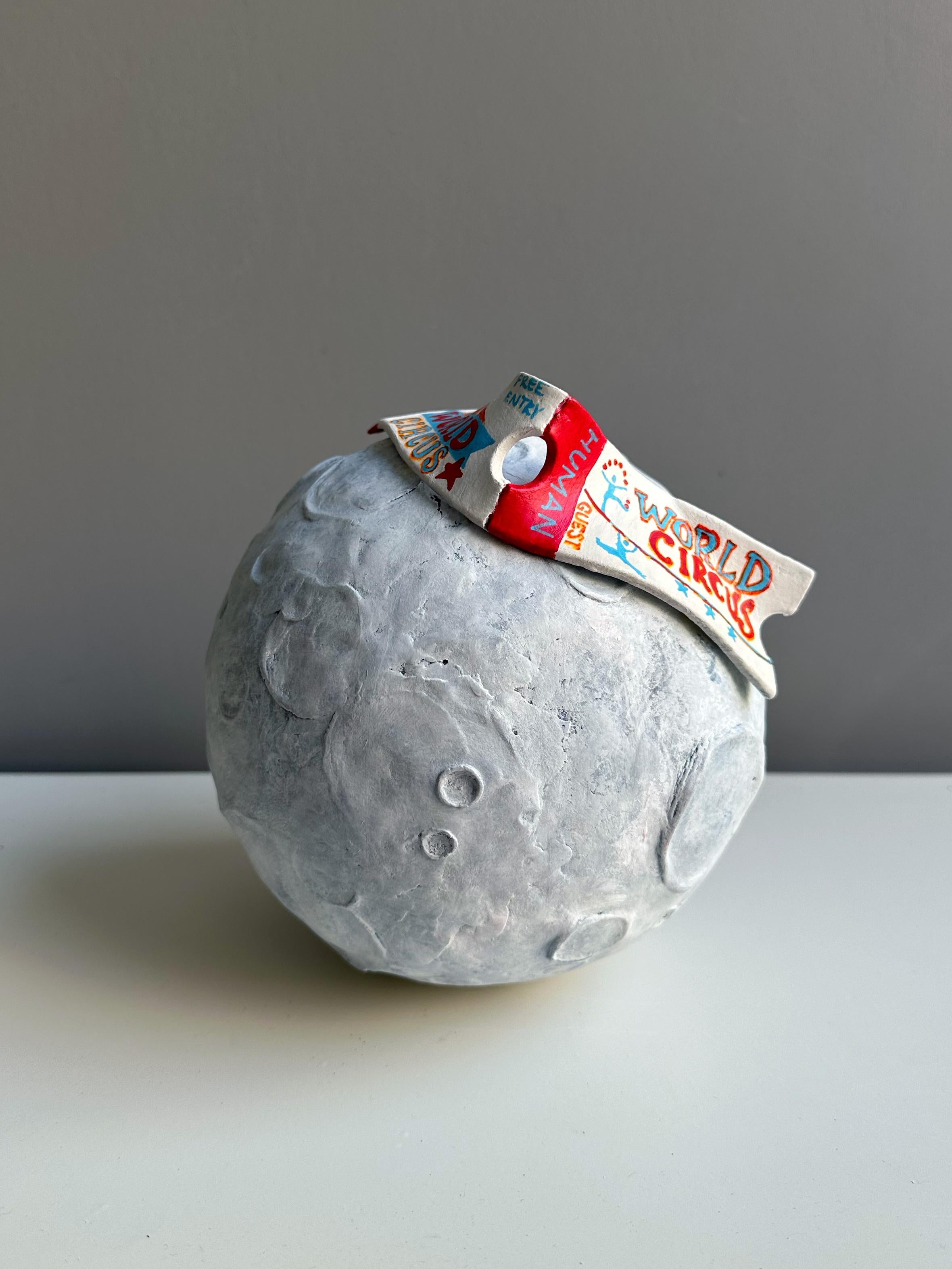 Luna Park Moon Wall Sculpture Mixed-Media Foam Clay Blue Tones - Painting by Vera Vizzi