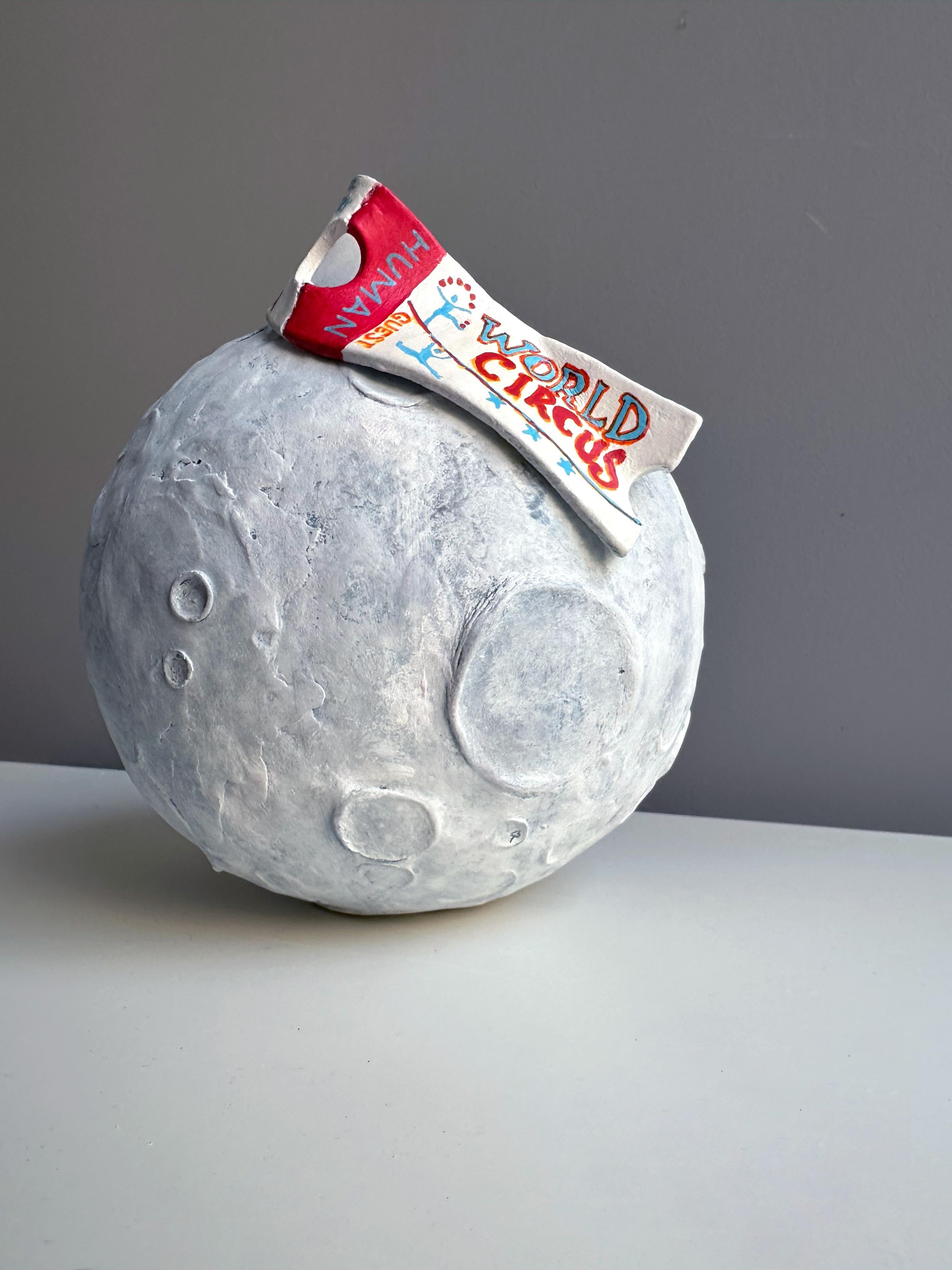 Luna Park Moon Wall Sculpture Mixed-Media Foam Clay Blue Tones - Contemporary Painting by Vera Vizzi