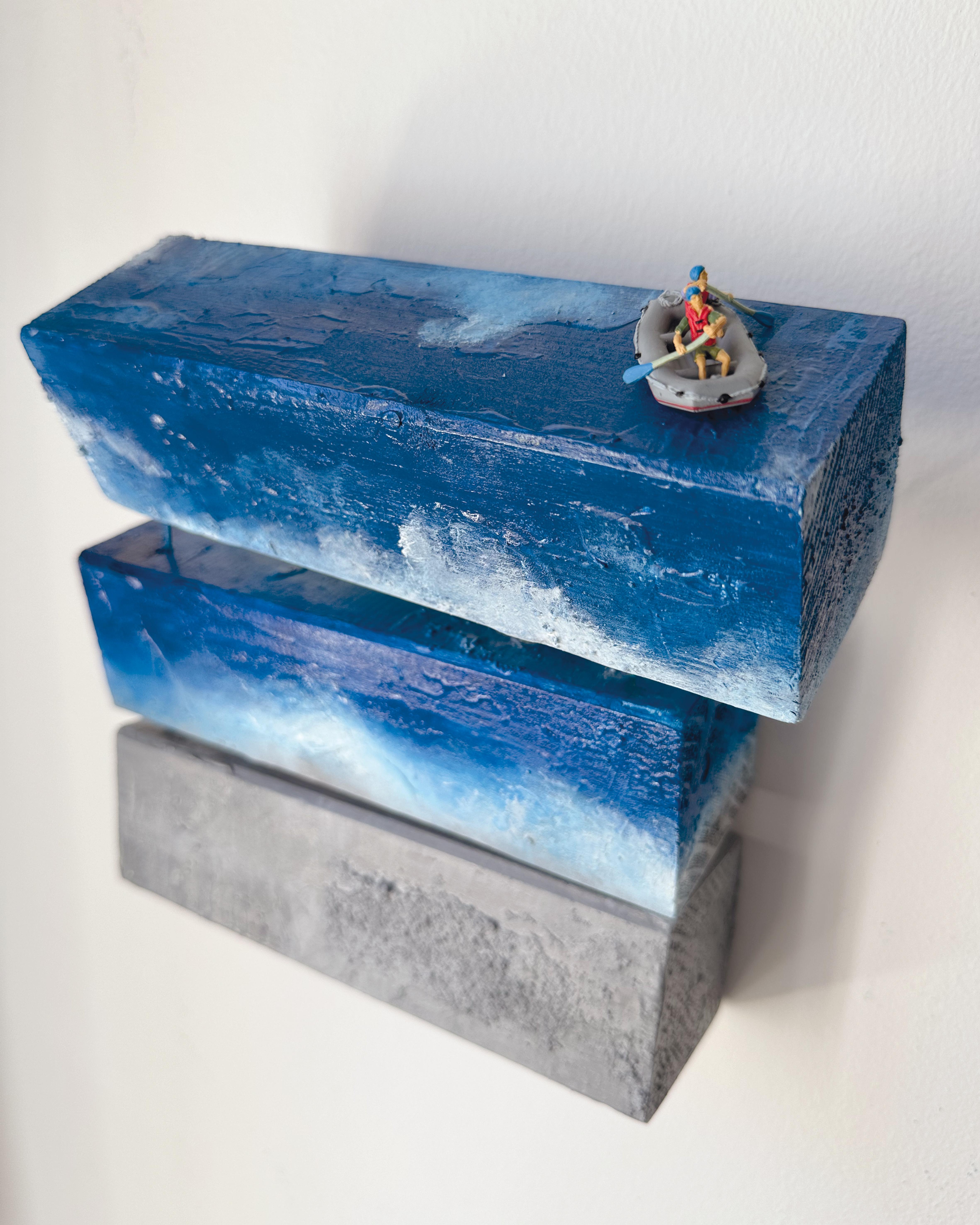 Miniature Boat at Abstract Sculptural Sea. Mixed Media Wall Sculpture, 2024 - Brown Abstract Sculpture by Vera Vizzi