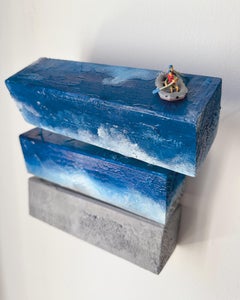 Miniature Boat at Abstract Sculptural Sea. Mixed Media Wall Sculpture, 2024