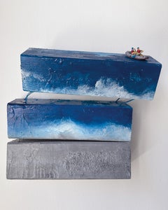 Miniature Boat at Abstract Sculptural Sea. Mixed Media Wall Sculpture, 2024