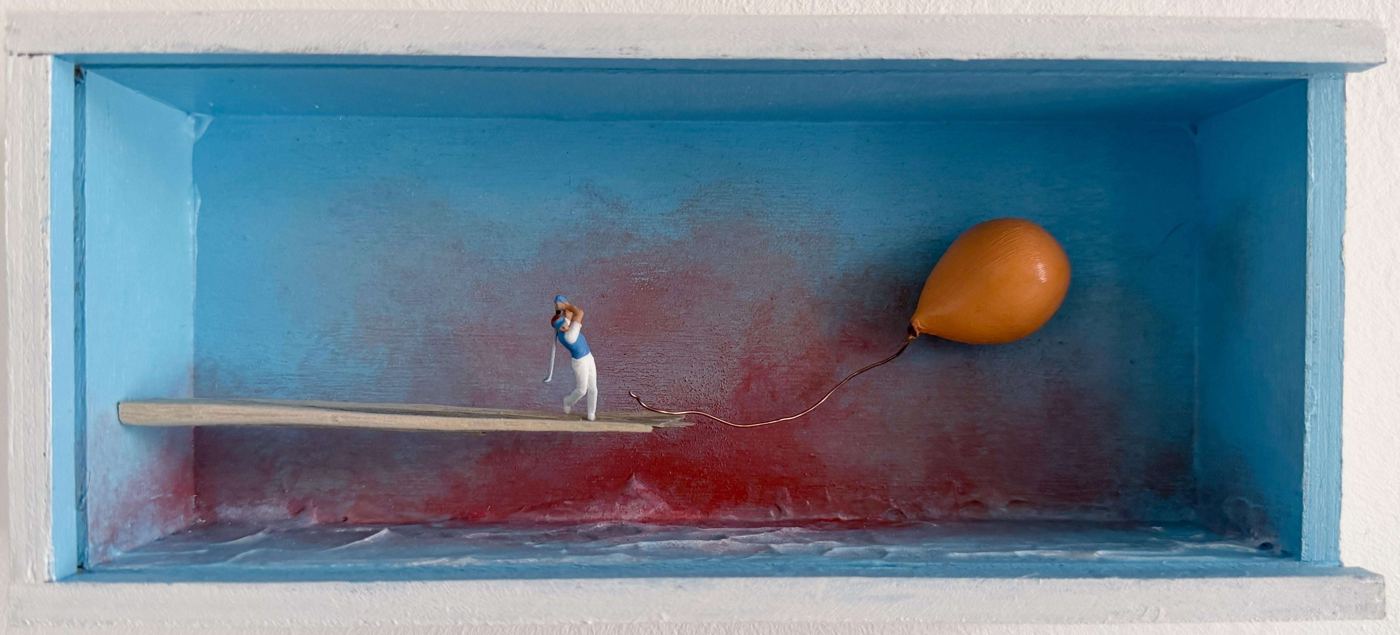 Miniature Golfer Diorama Sculpture Shadow Box with Balloon Conceptual Wall Art