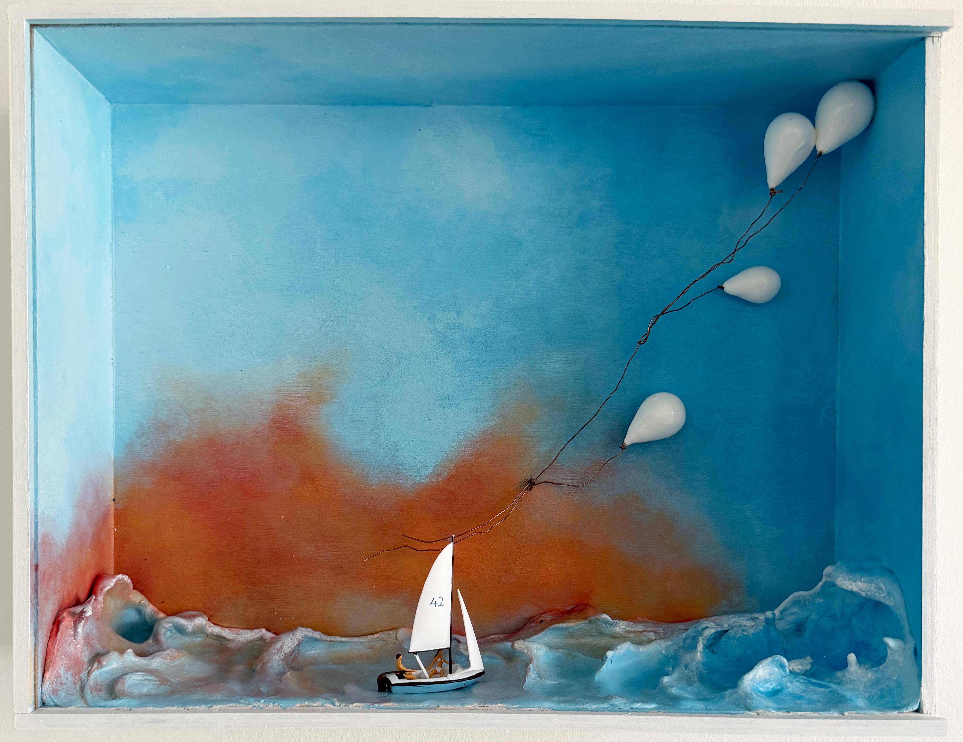 Miniature Nautical Sailboat Shadow Box Sculpture With Balloons and Ocean Waves