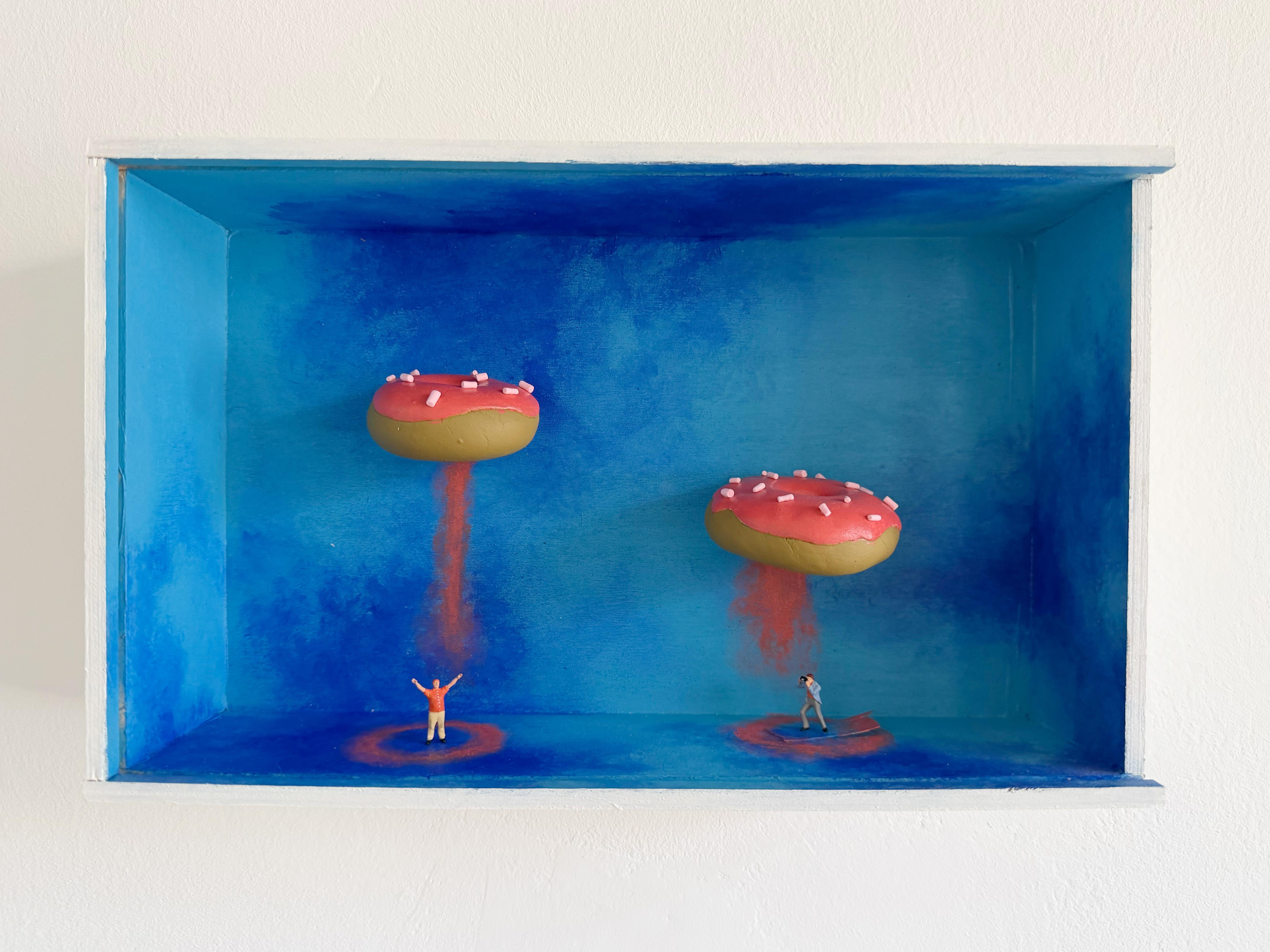 Vera Vizzi Landscape Painting - Miniature Wall Diorama with Floating Pink Doughnuts Contemporary Surreal Shadow