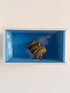 Miniature Weightlifting Diorama Sculpture with Donut and Fitness Figures in Wood