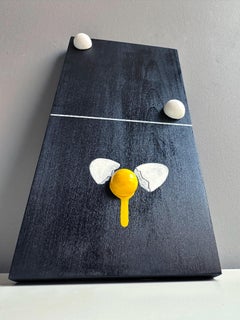 Mixed-Media Modular Domino Wall Sculpture Foam-Clay Fried Egg on Black Wood (Sculpture murale modulaire en forme de domino)