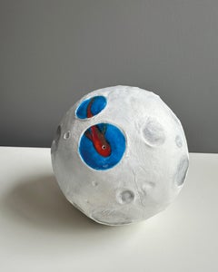 Mixed Media Sculpture, Textured Wooden Moon Sphere with Goldfish. Tutto