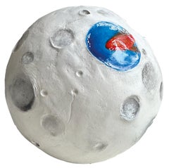 Mixed Media Sculpture, Textured Wooden Moon Sphere with Goldfish. Tutto