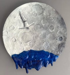 Modelled Abstract Moon Relief with Blue Seascape acrylic on wood wall sculpture