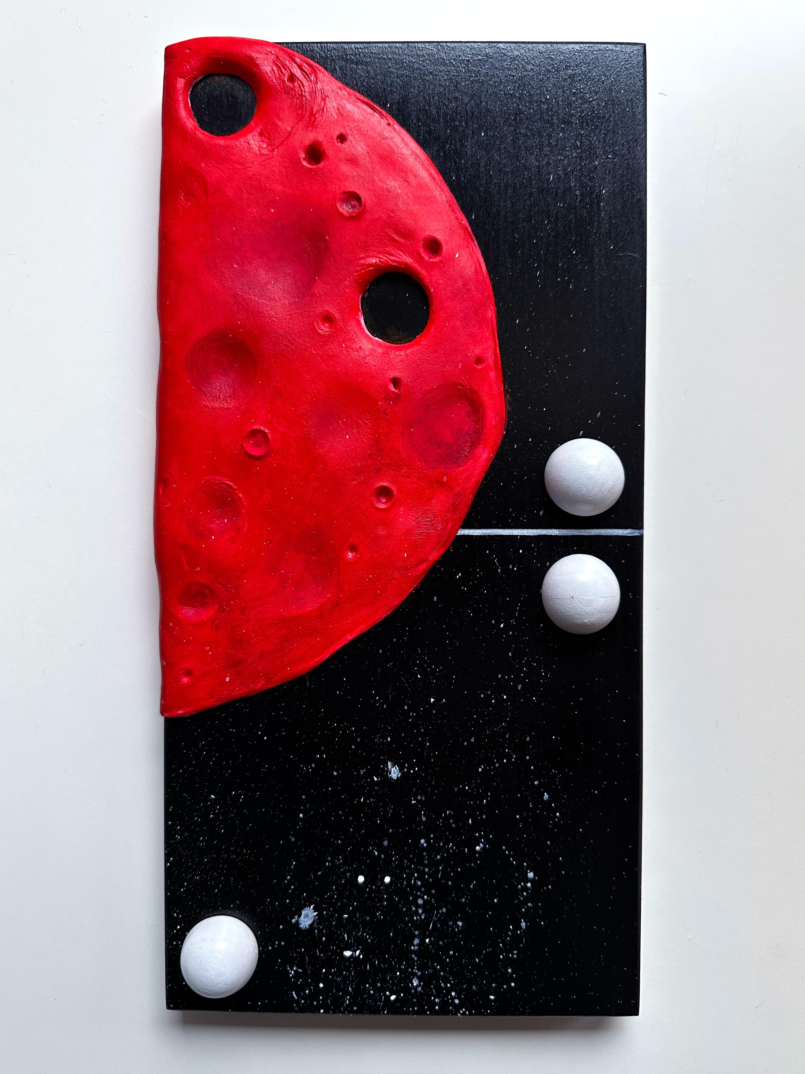 Vera Vizzi Abstract Sculpture - Modular Domino Wall Sculpture Red Lunar Panel Mixed-Media Foam Clay on Wood
