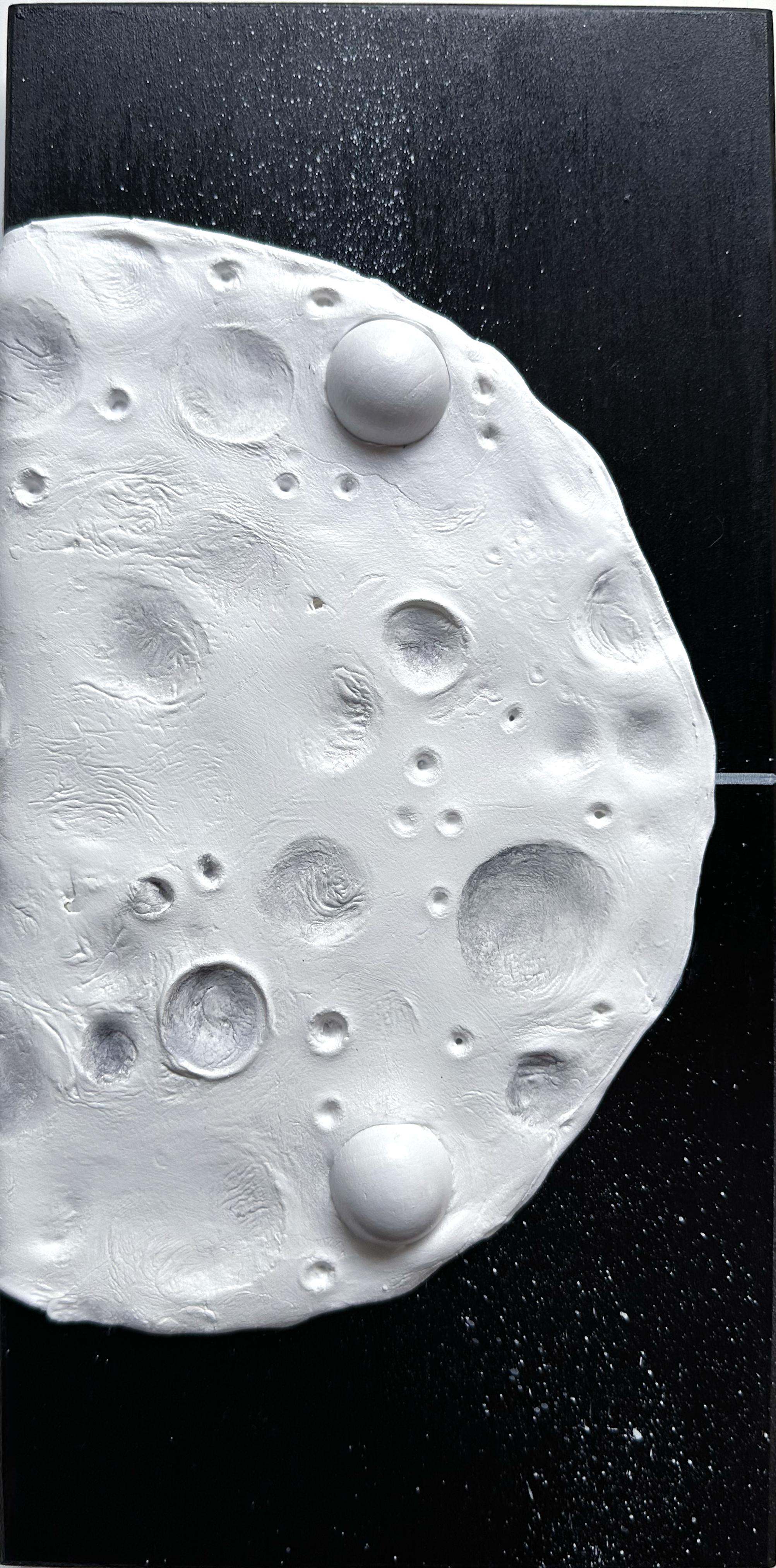Vera Vizzi Abstract Sculpture - Monochrome Lunar Wall Relief Sculpture From the Domino Series on Black Wood