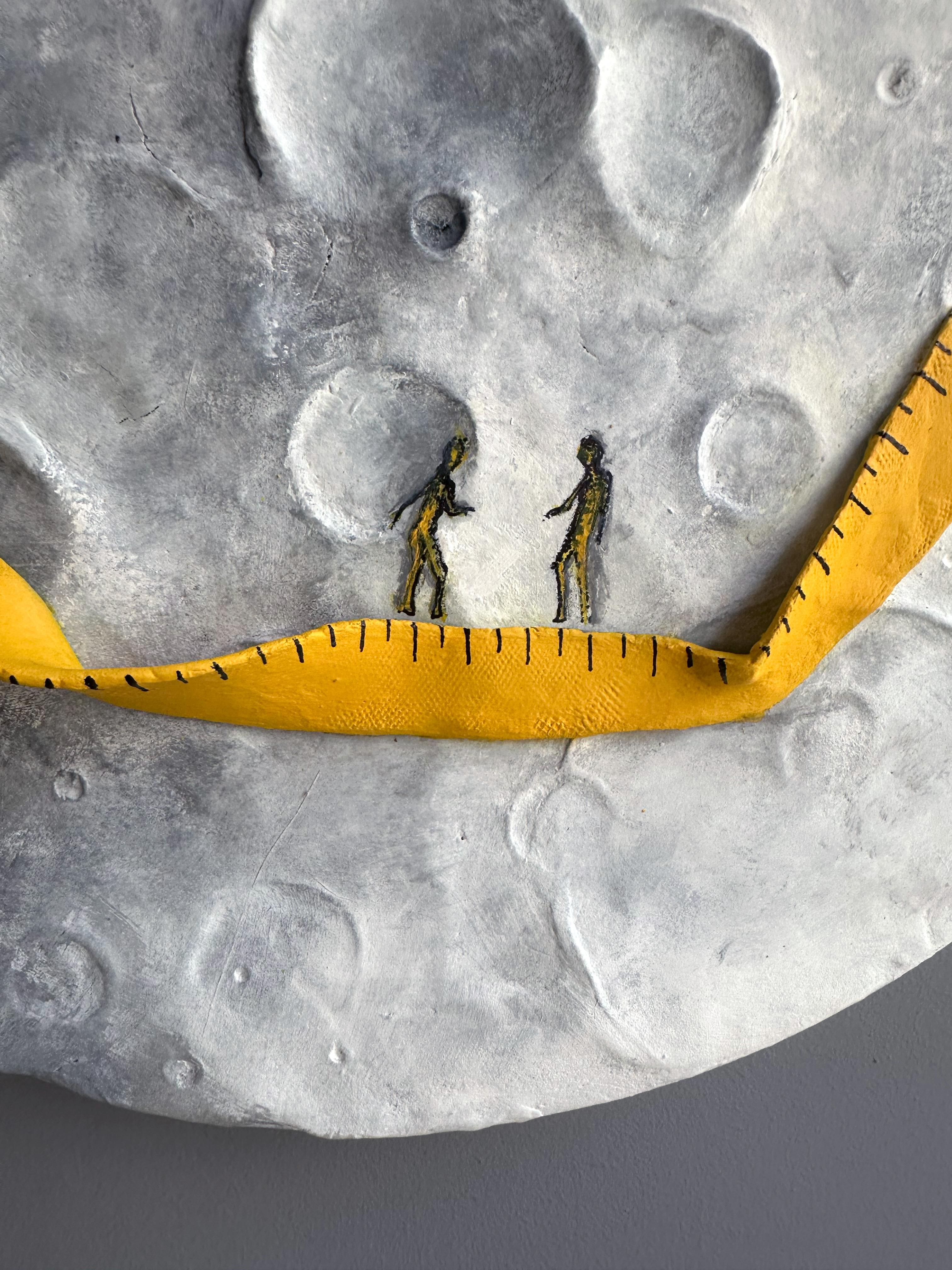 Moon Relief with Yellow Measure Tape Abstract Surreal Mixed-Media Wall Sculpture - Brown Abstract Sculpture by Vera Vizzi
