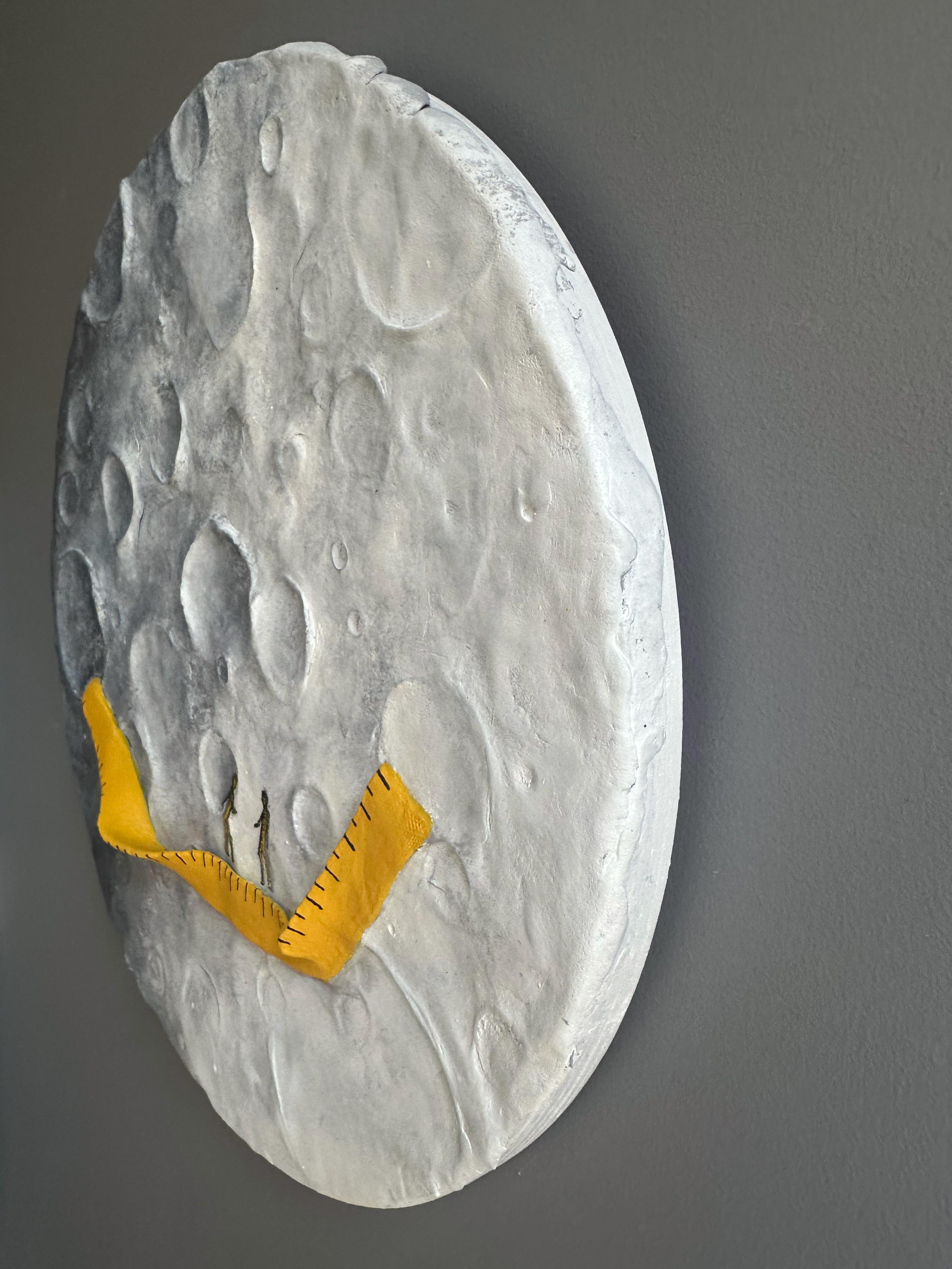 Moon Relief with Yellow Measure Tape Abstract Surreal Mixed-Media Wall Sculpture For Sale 2