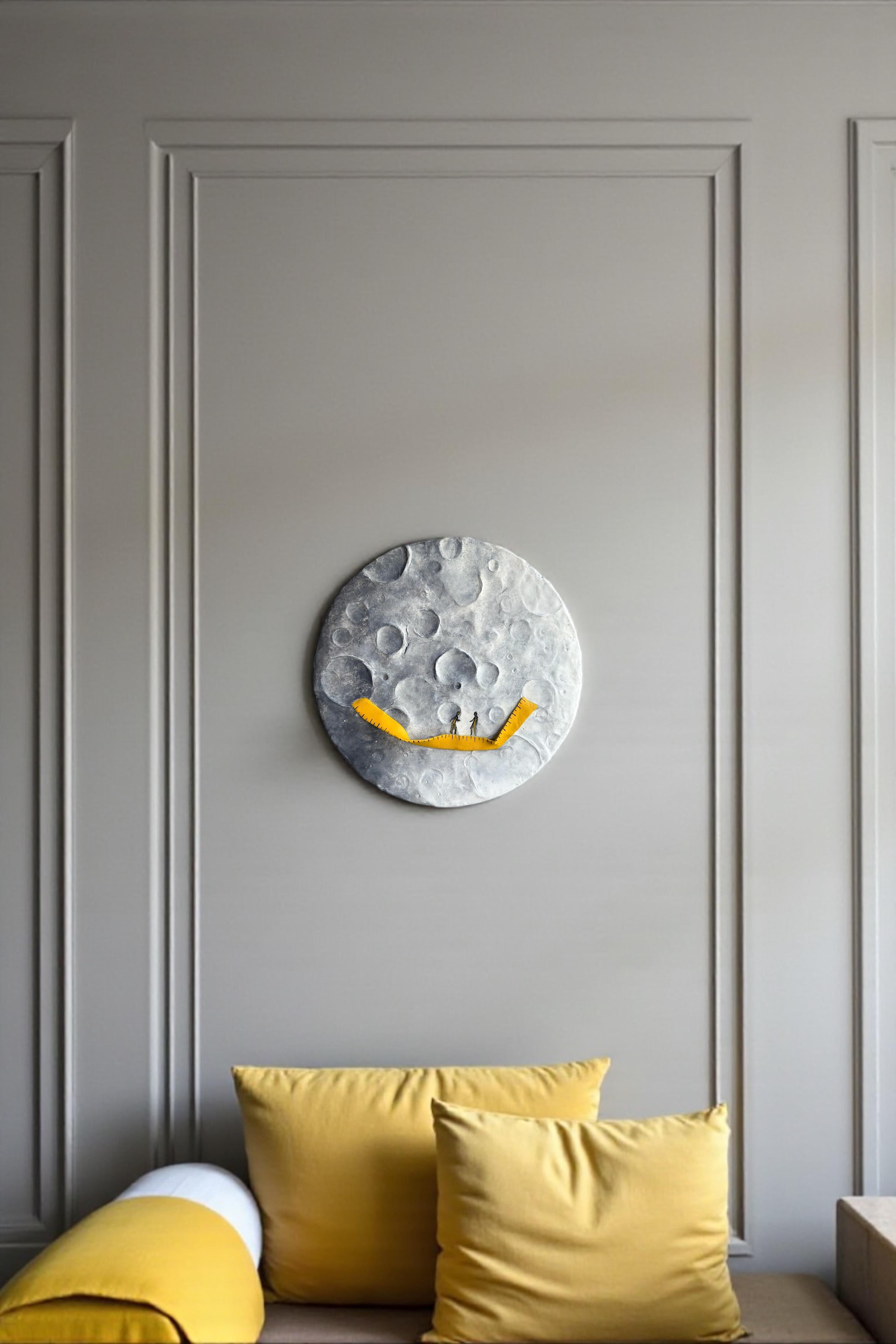 Moon Relief with Yellow Measure Tape Abstract Surreal Mixed-Media Wall Sculpture For Sale 5