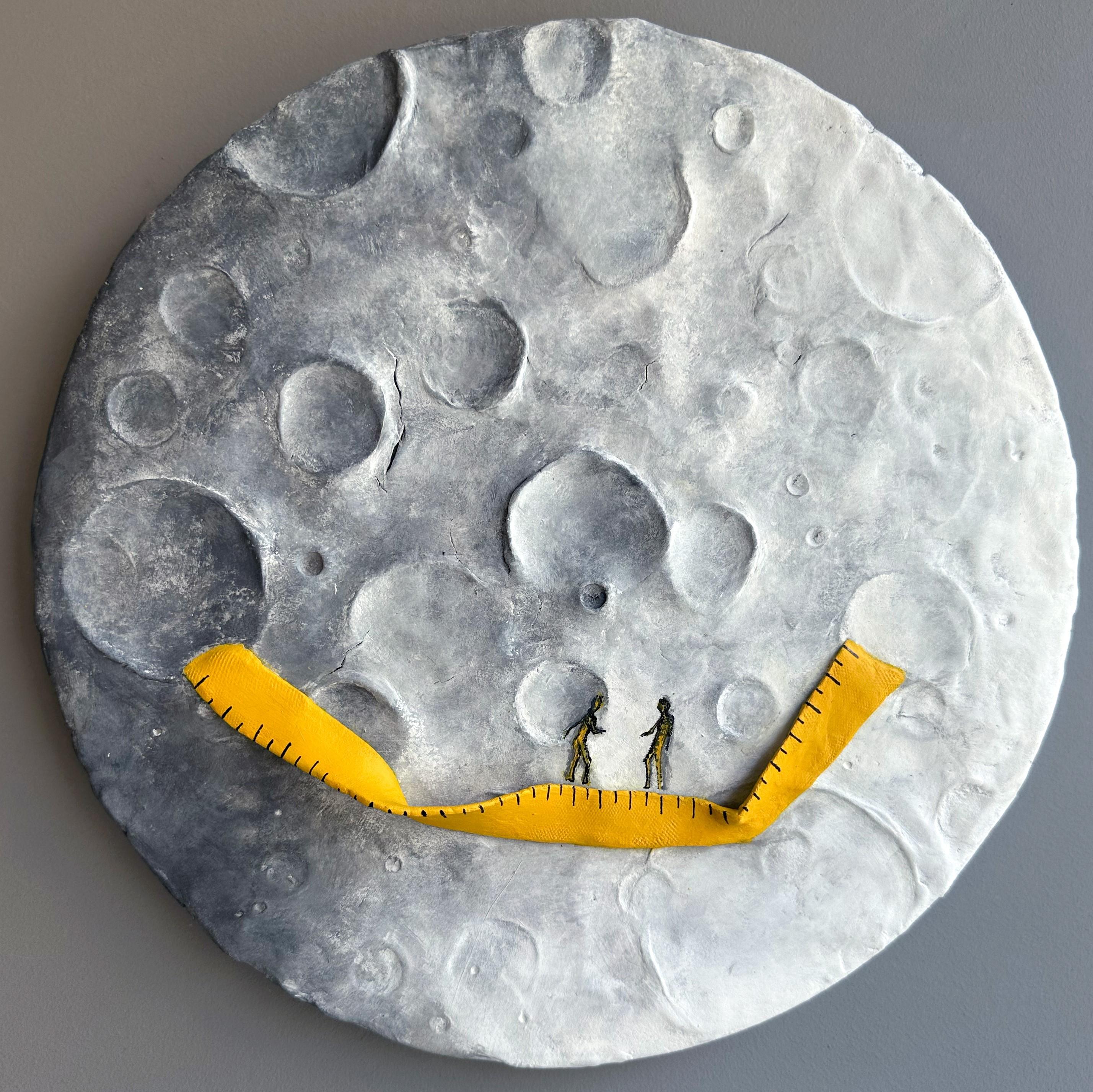 Vera Vizzi Abstract Sculpture - Moon Relief with Yellow Measure Tape Abstract Surreal Mixed-Media Wall Sculpture