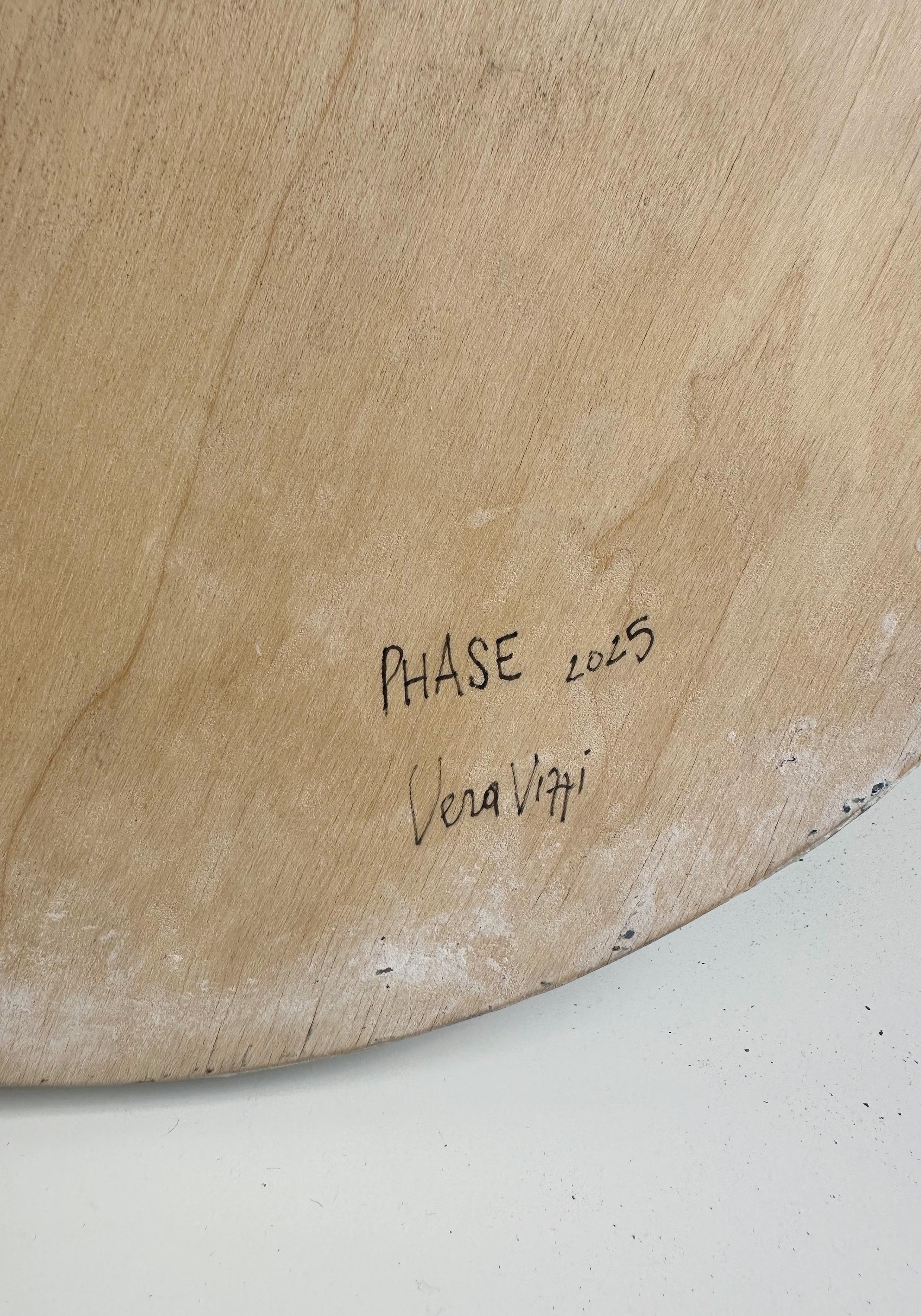 Fase - Escultura Contemporánea de Pared en Madera con Textura Lunar y Acentos de Color en venta 3