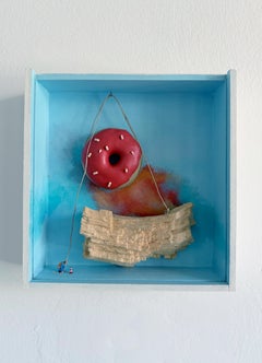 Pink Donut and Ruins, Surrealist Miniature Mixed Media Diorama Wall Sculpture