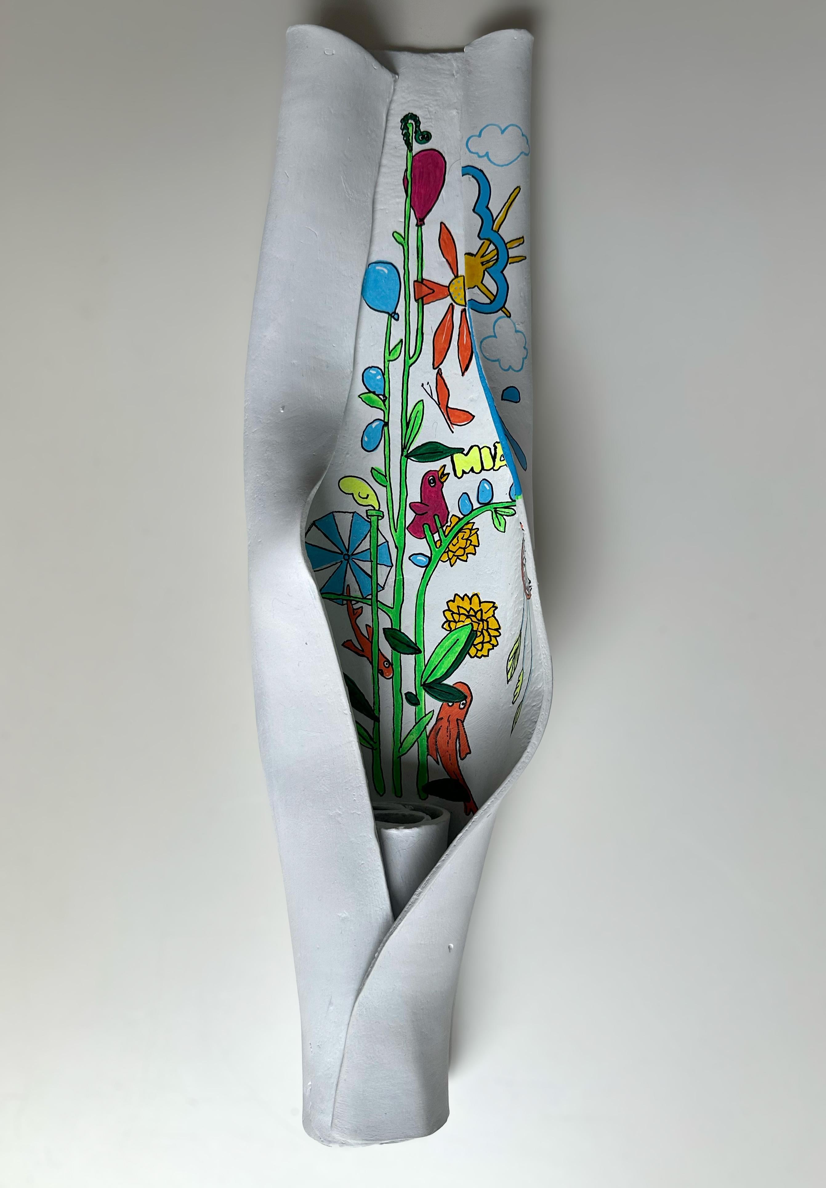 Pop Surrealist Folded Wall Sculpture White Self Hardening Paste Painted Interior