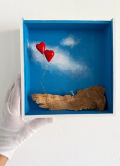 Red Heart Balloons and Runner, Surrealist Miniature Diorama Wall Sculpture