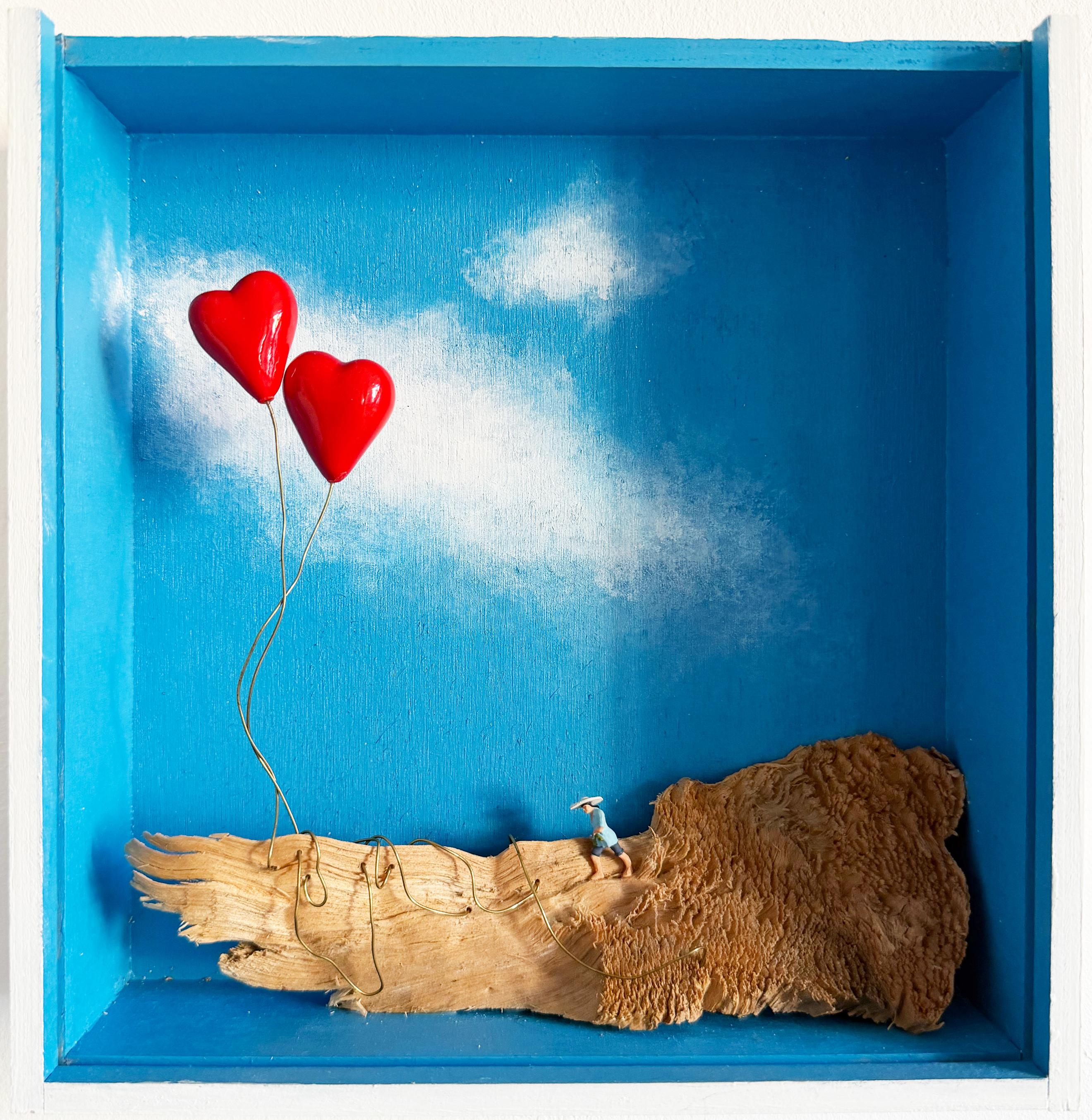 Red Heart Balloons and Runner, Surrealist Miniature Diorama Wall Sculpture