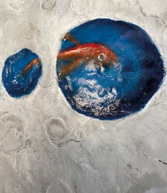 Relieve surrealista de paisaje marino lunar. Escultura mural de madera mixta con pez