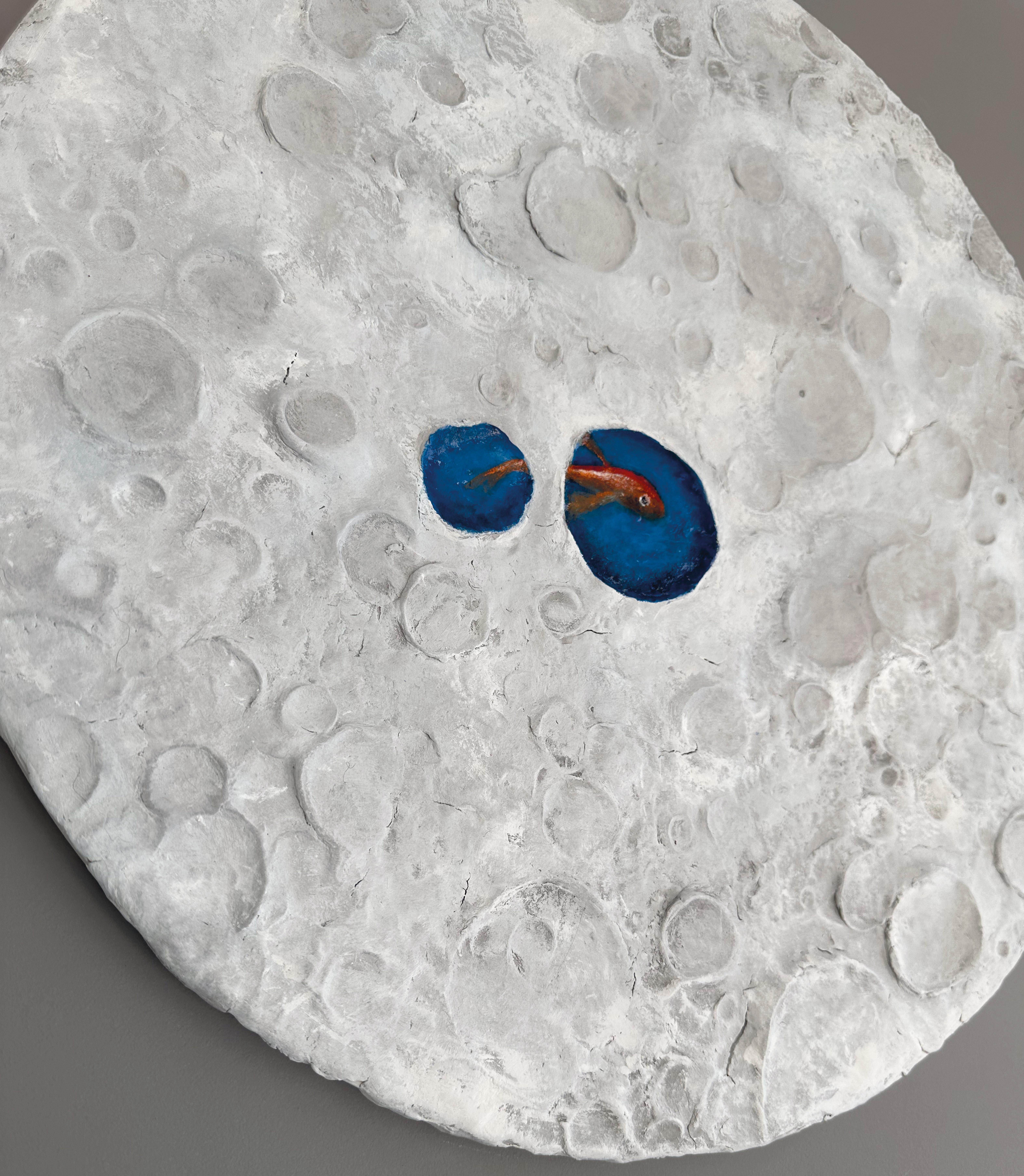 Surrealist Lunar Seascape Relief. Mixed Media Wood Wall Sculpture with Fish 1