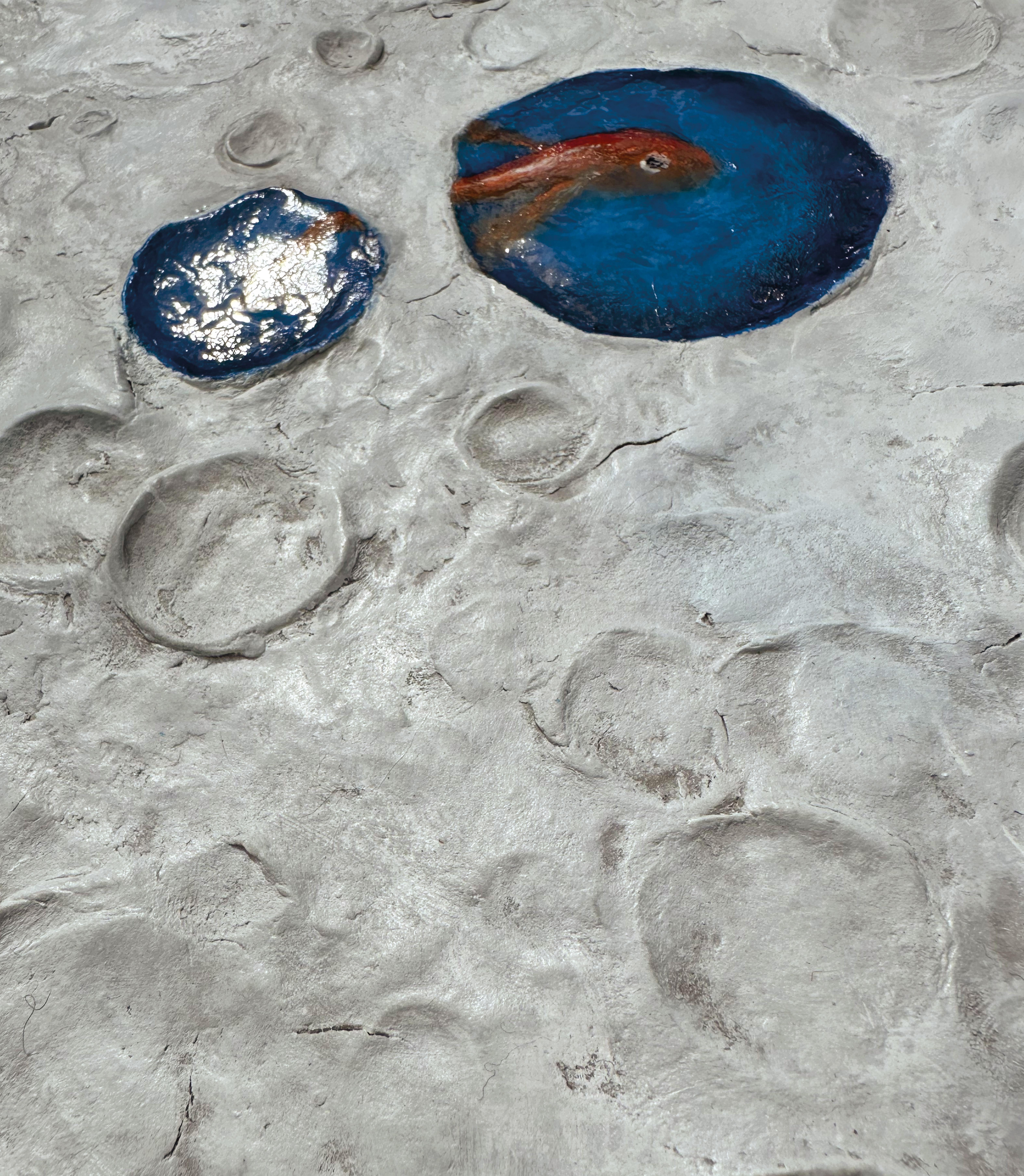 Surrealist Lunar Seascape Relief. Mixed Media Wood Wall Sculpture with Fish 2