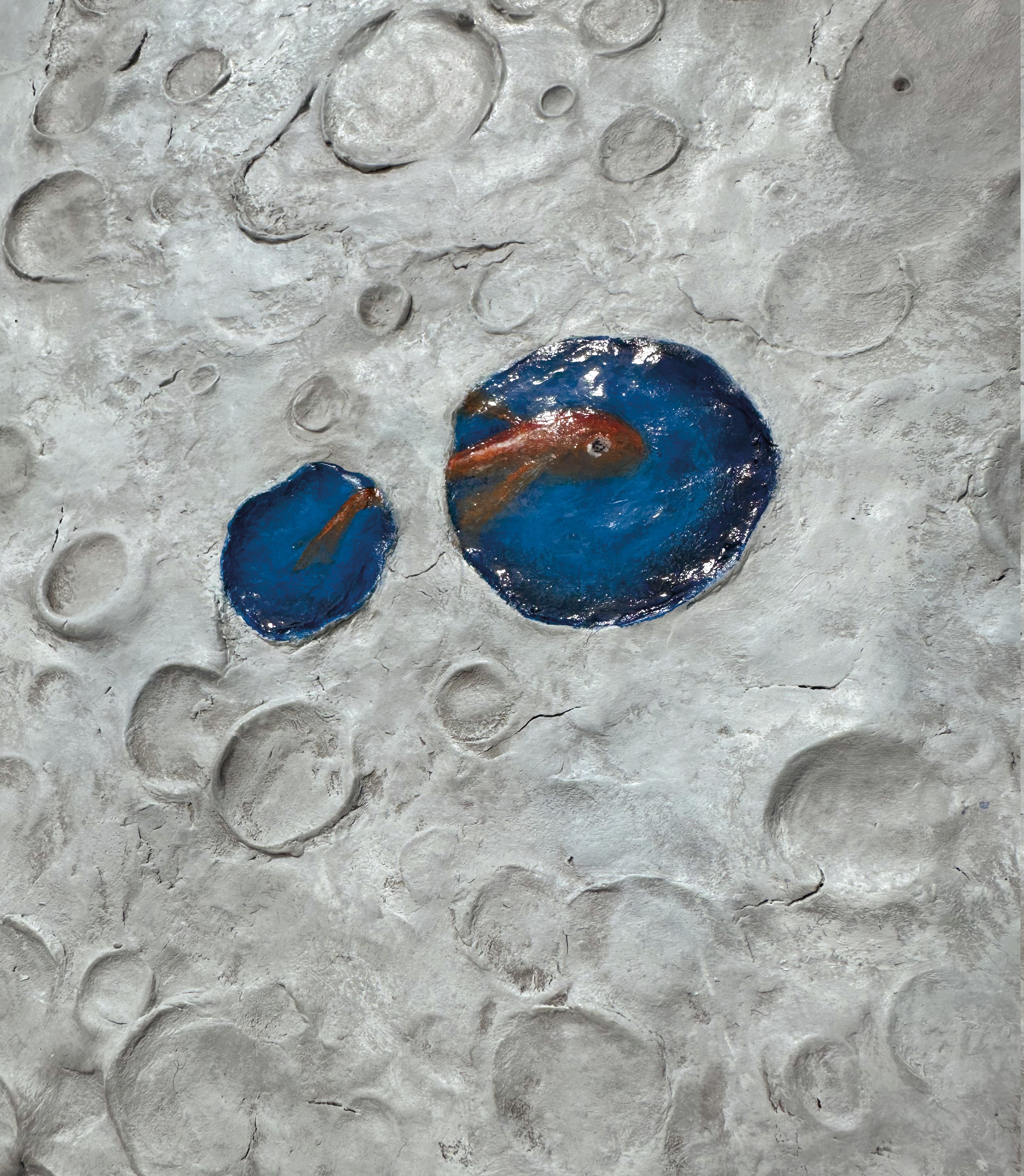 Surrealist Lunar Seascape Relief. Mixed Media Wood Wall Sculpture with Fish 3