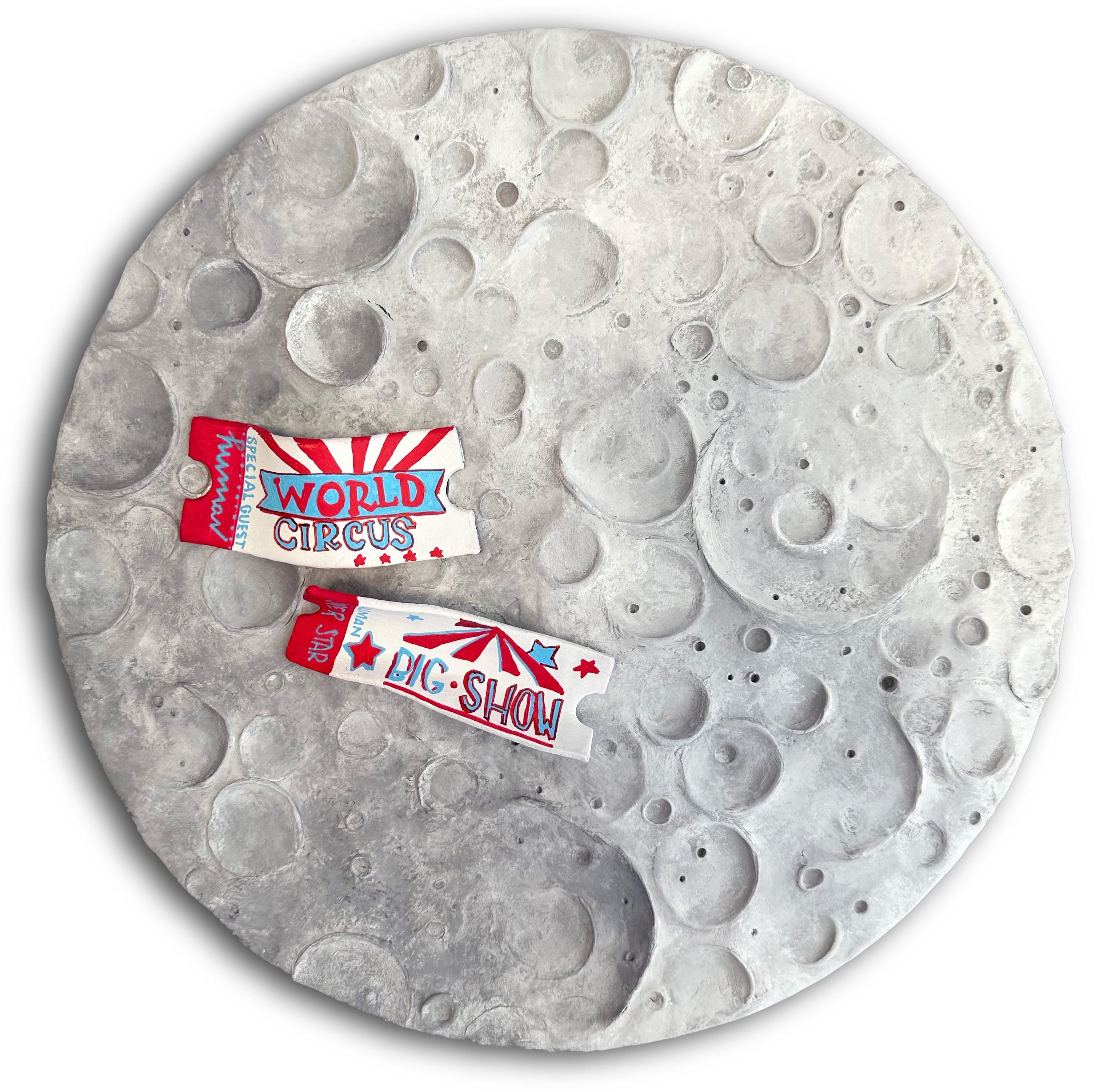 Vera Vizzi Landscape Painting - Textural Lunar Relief Self Hardening Paste Acrylic On Fir Wood Circular Wall Art