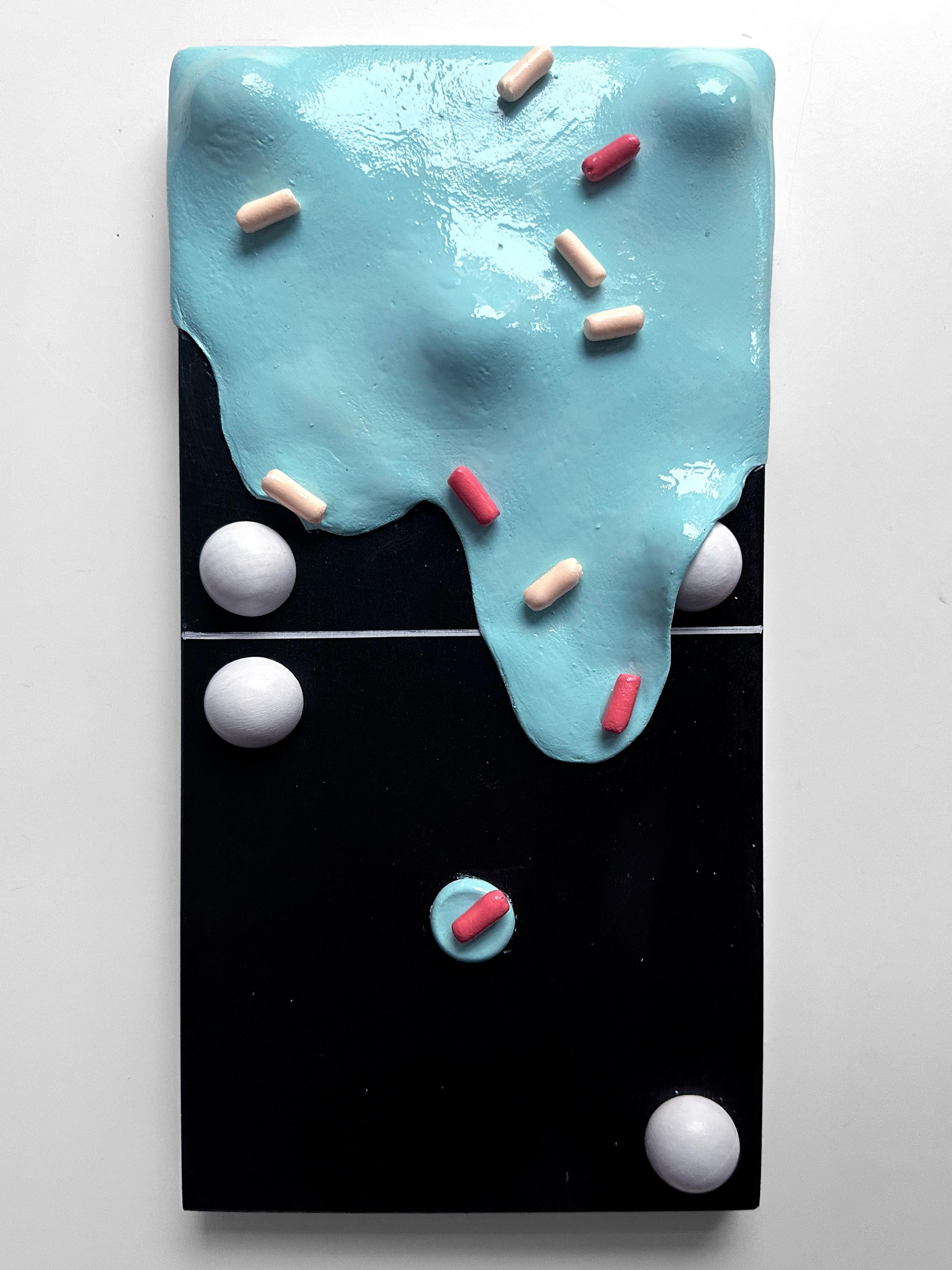 Vera Vizzi Abstract Sculpture - Turquoise Mixed Media Wall Relief with Glossy Drip Form on Black Panel